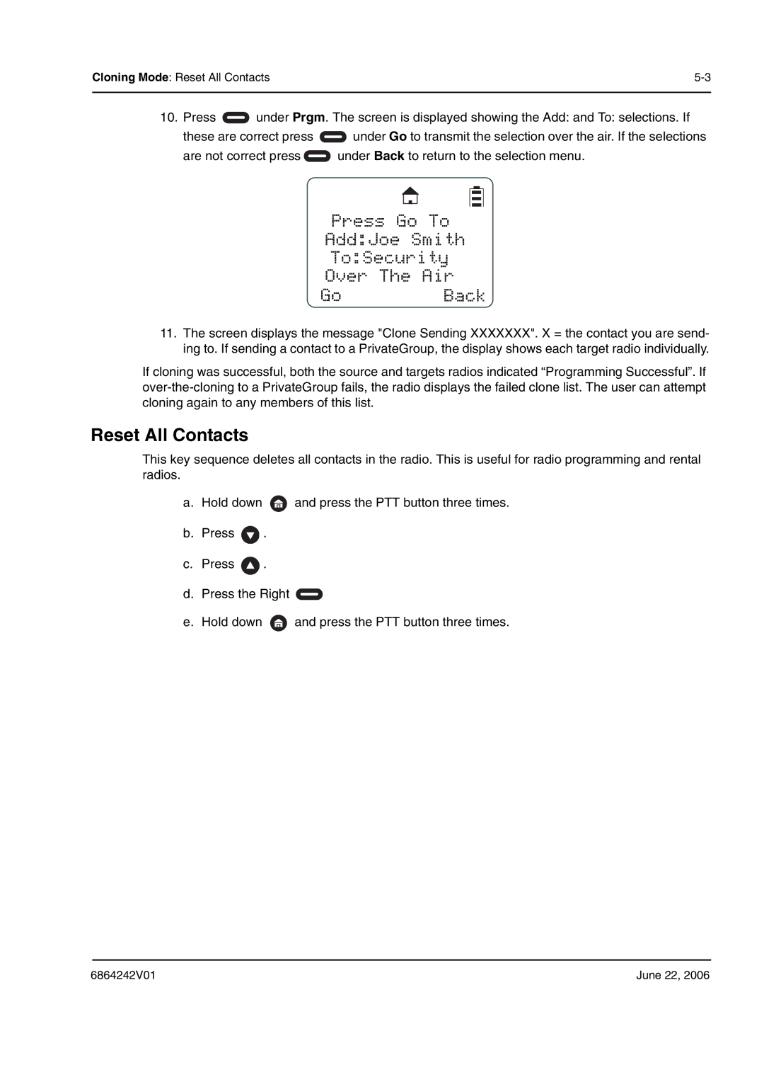 Motorola DTR2430, DTR2450 manual Press Go To AddJoe Smith ToSecurity Over The Air Go Back, Reset All Contacts 