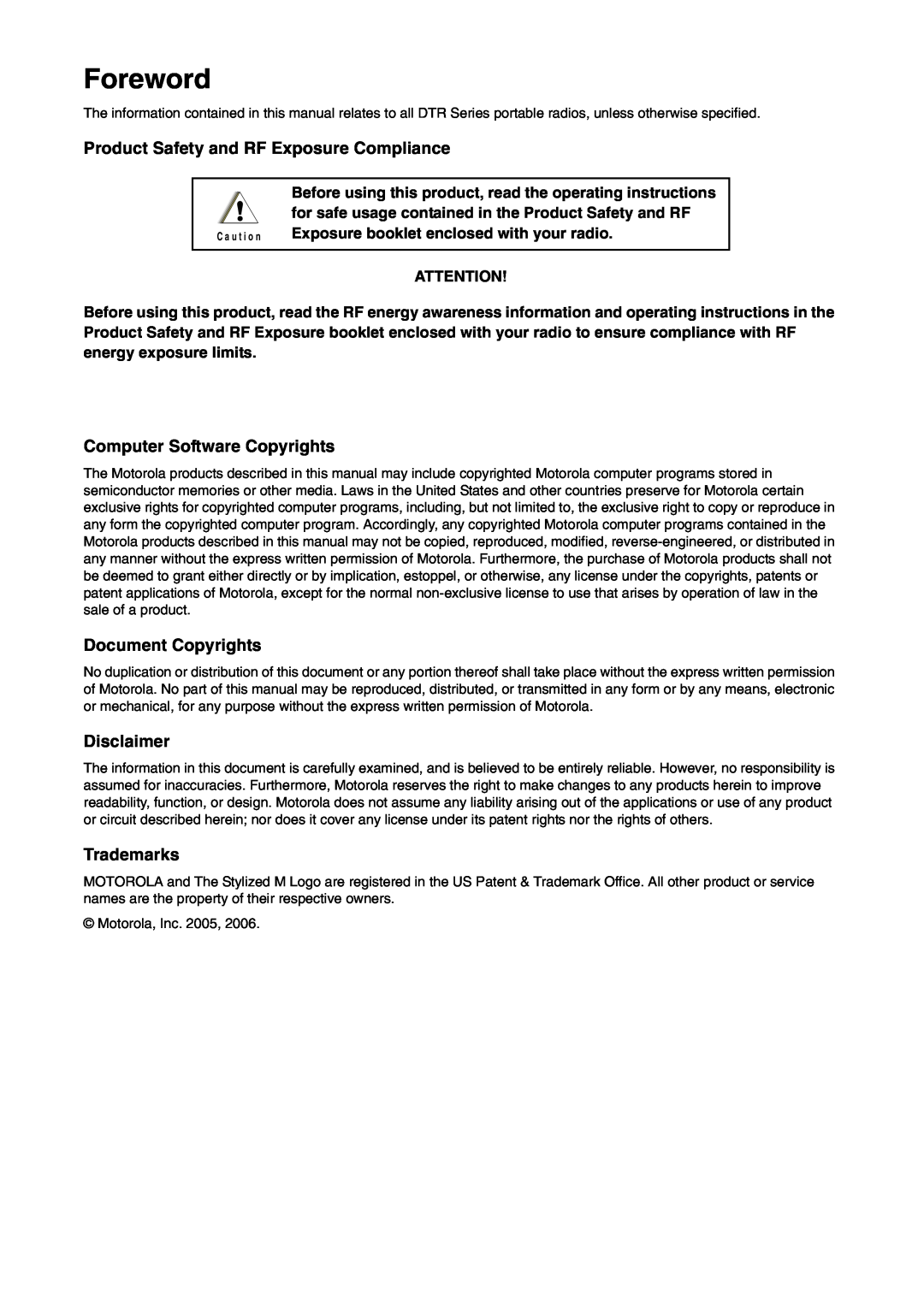 Motorola DTR2450 Foreword, Product Safety and RF Exposure Compliance, Computer Software Copyrights, Document Copyrights 
