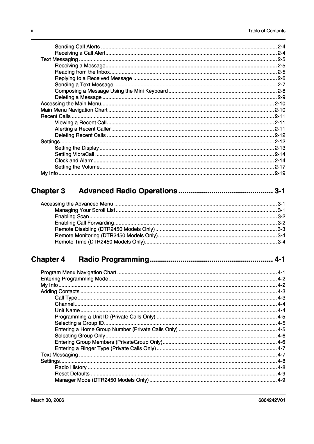 Motorola DTR2450, DTR2430 manual Advanced Radio Operations, Radio Programming, Chapter, Table of Contents, 6864242V01 