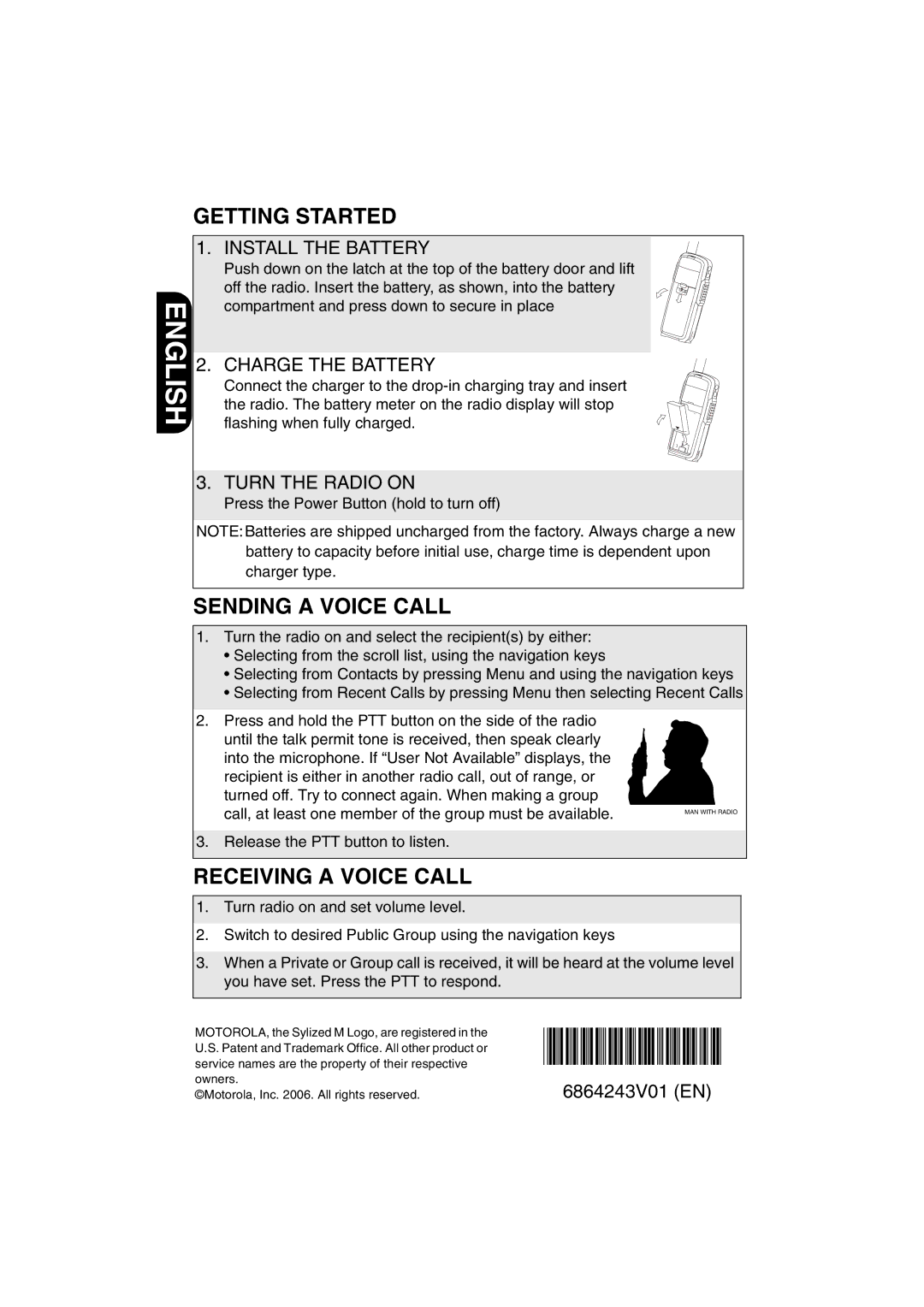 Motorola DTR2450 manual Getting Started, Sending a Voice Call, Receiving a Voice Call 