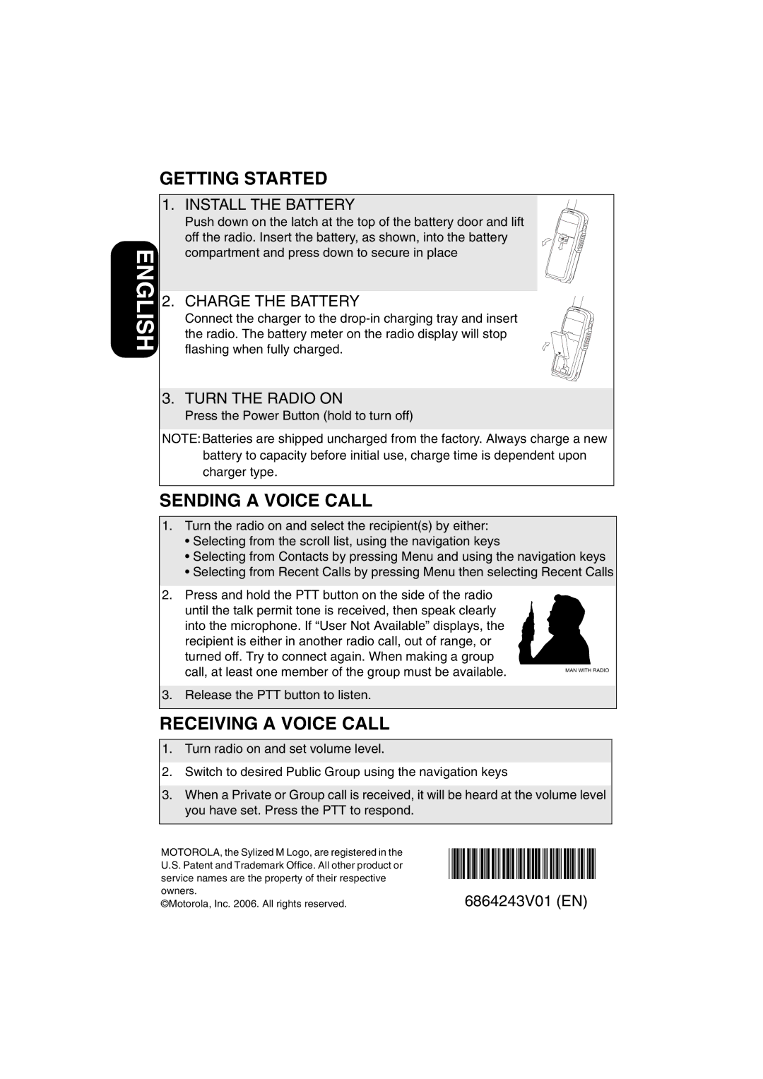 Motorola DTR2450 manual Getting Started, Sending a Voice Call, Receiving a Voice Call 