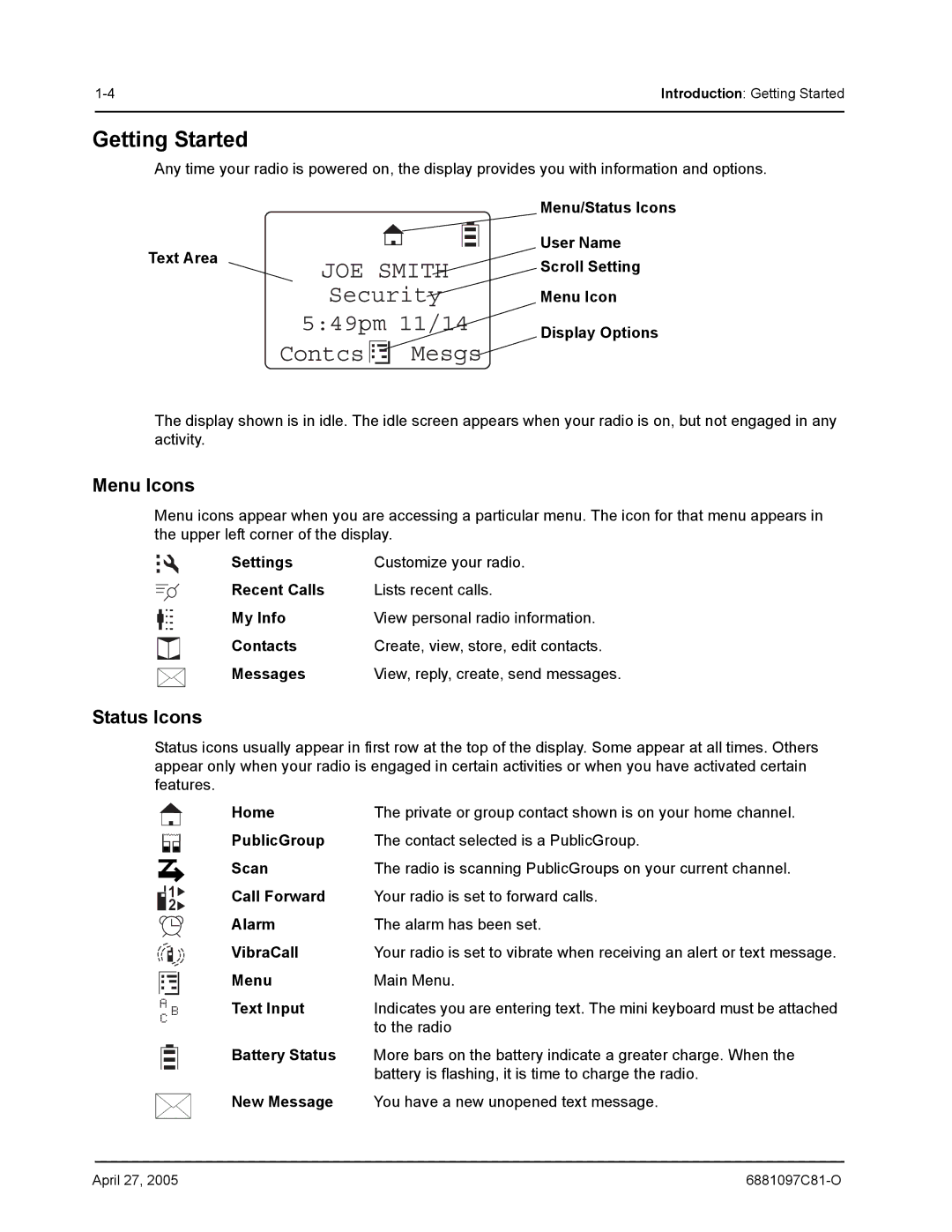 Motorola DTR410, DTR610 JOE Smith Security 549pm 11/14 Contcs Mesgs, Getting Started, Menu Icons, Status Icons, Text Area 