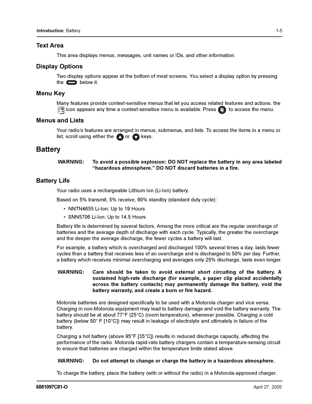 Motorola DTR610, DTR410, DTR510 manual Text Area, Display Options, Menus and Lists, Battery Life 