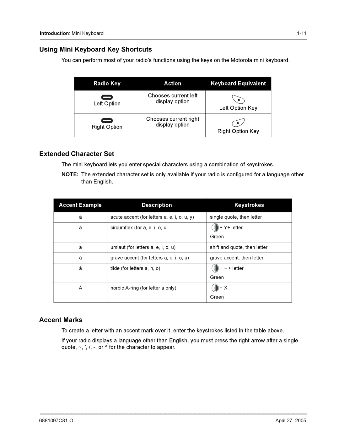 Motorola DTR610, DTR410, DTR510 manual Using Mini Keyboard Key Shortcuts, Extended Character Set, Accent Marks 