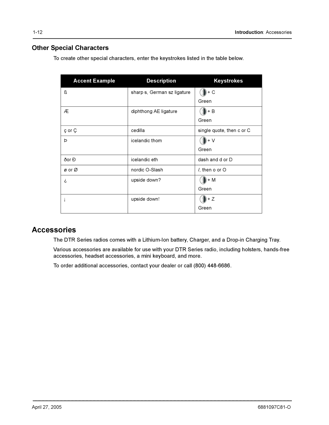 Motorola DTR510, DTR410, DTR610 manual Accessories, Other Special Characters 