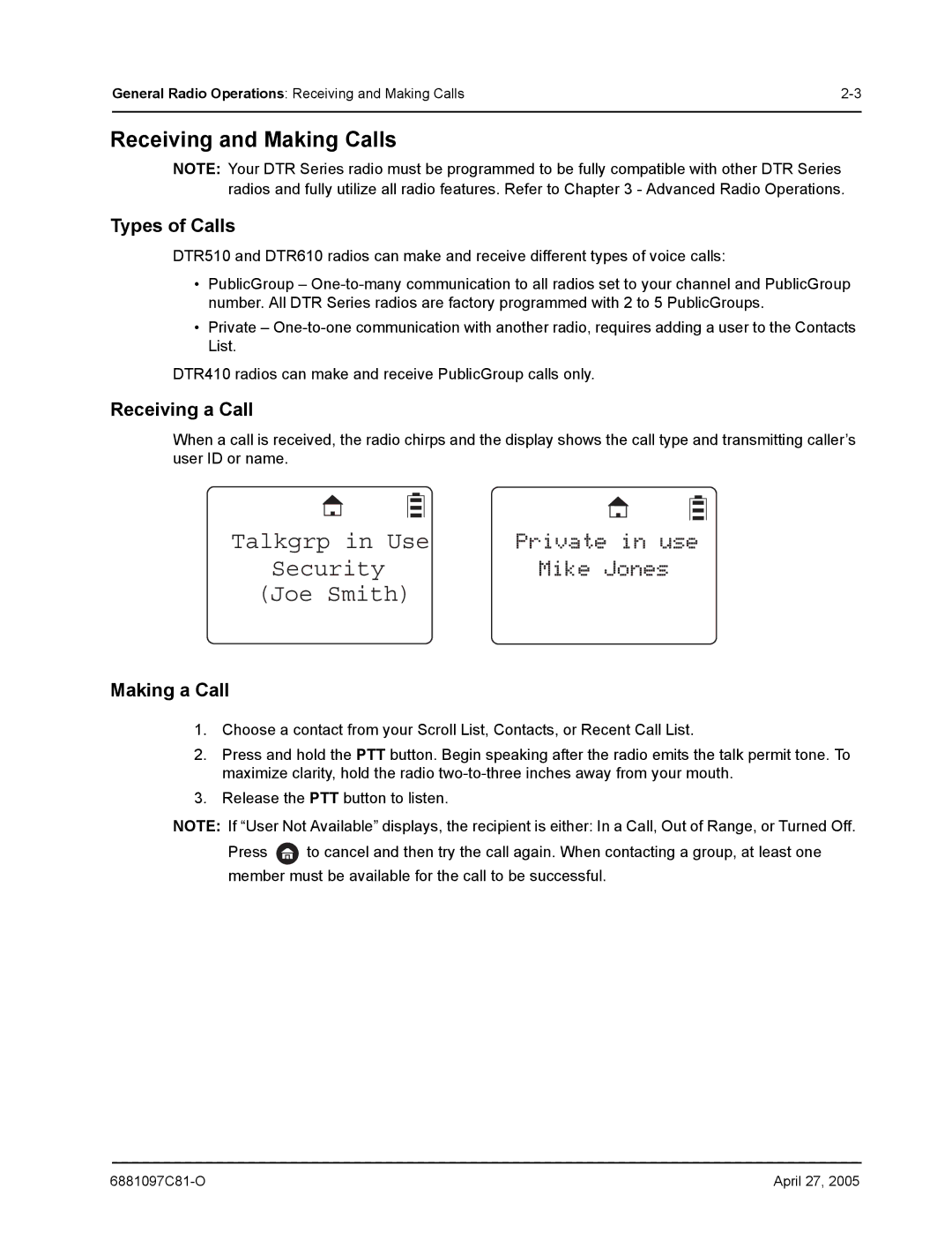 Motorola DTR510, DTR410, DTR610 manual Receiving and Making Calls, Types of Calls, Making a Call 