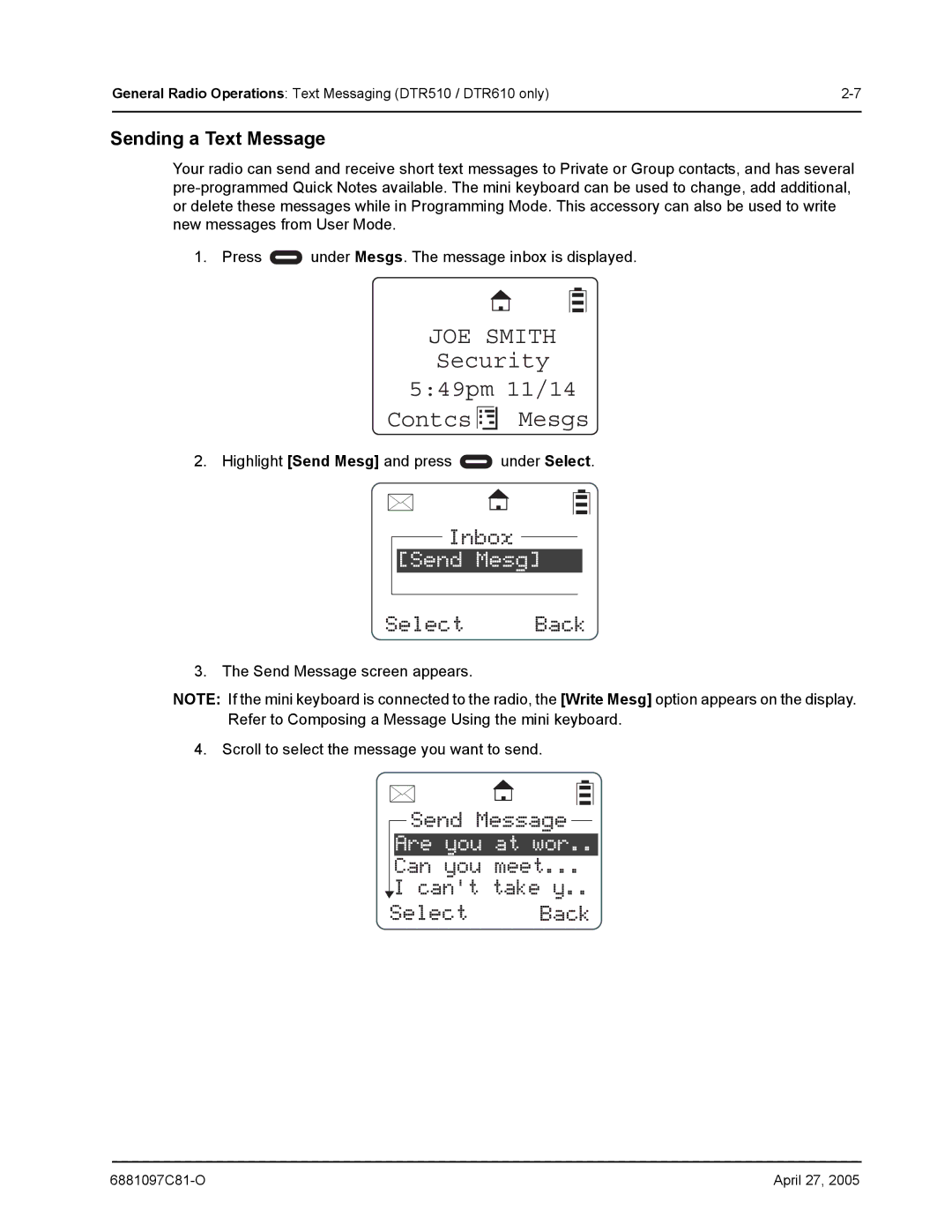 Motorola DTR410, DTR610, DTR510 manual Security 549pm 11/14, Sending a Text Message 