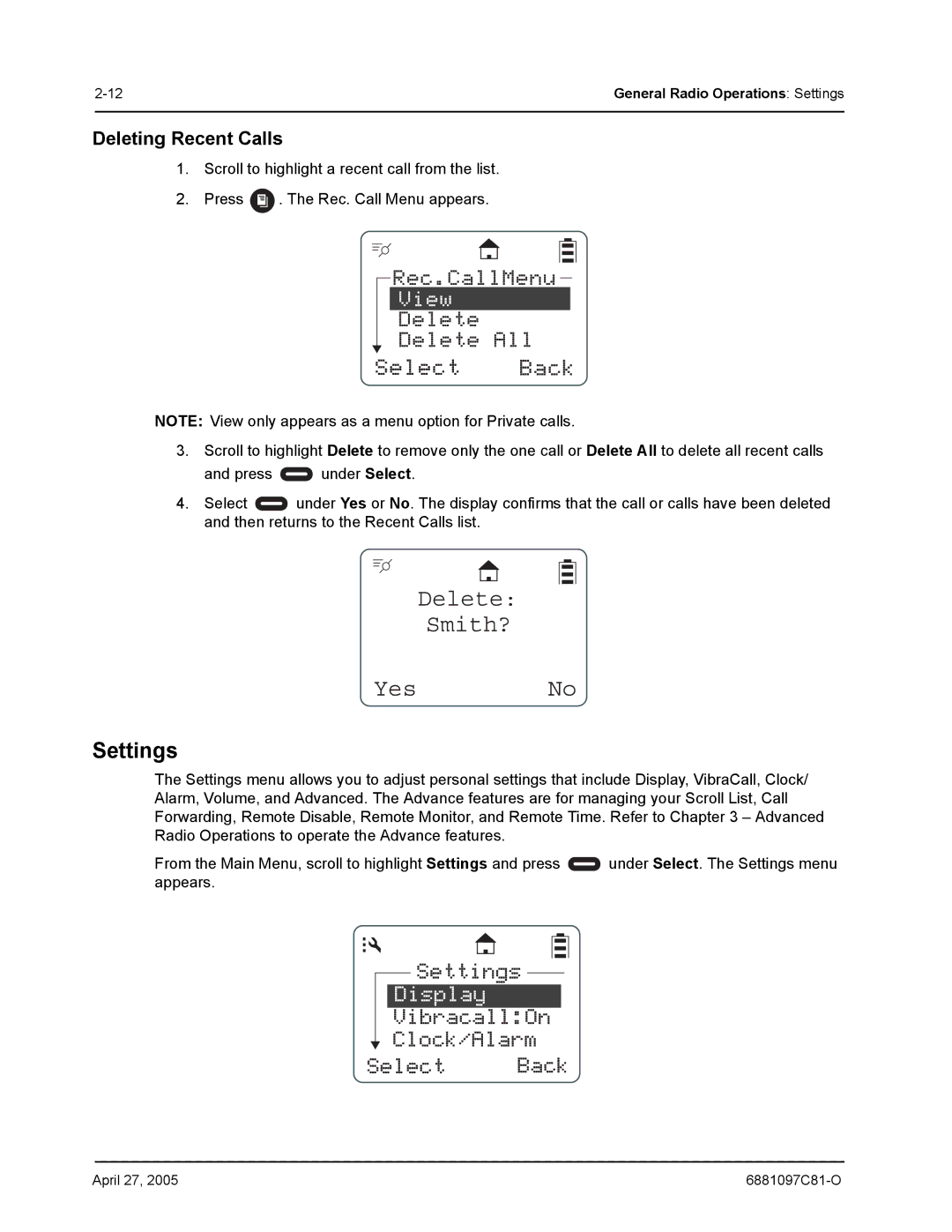 Motorola DTR510, DTR410, DTR610 manual Delete Smith? Yes No, Settings, Deleting Recent Calls 