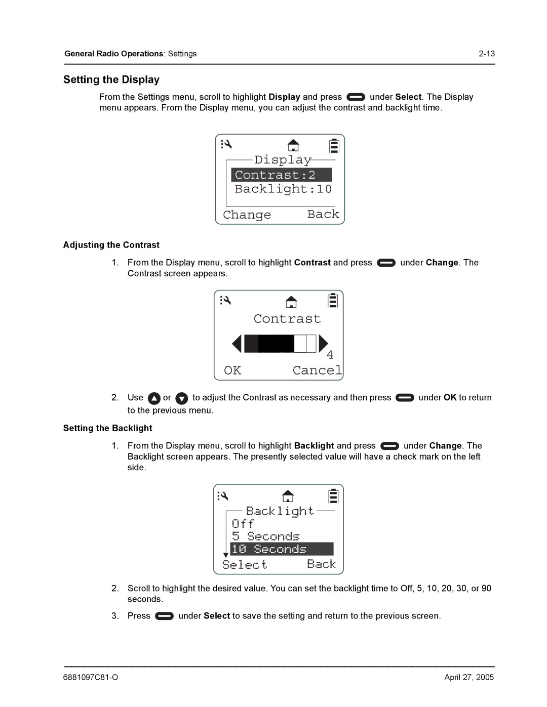 Motorola DTR410, DTR610, DTR510 manual Backlight10 Change Back, Contrast, Setting the Display 