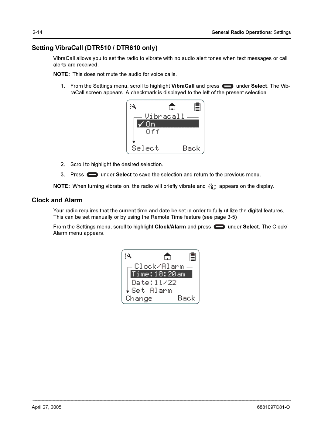 Motorola DTR610, DTR410, DTR510 manual Clock and Alarm 