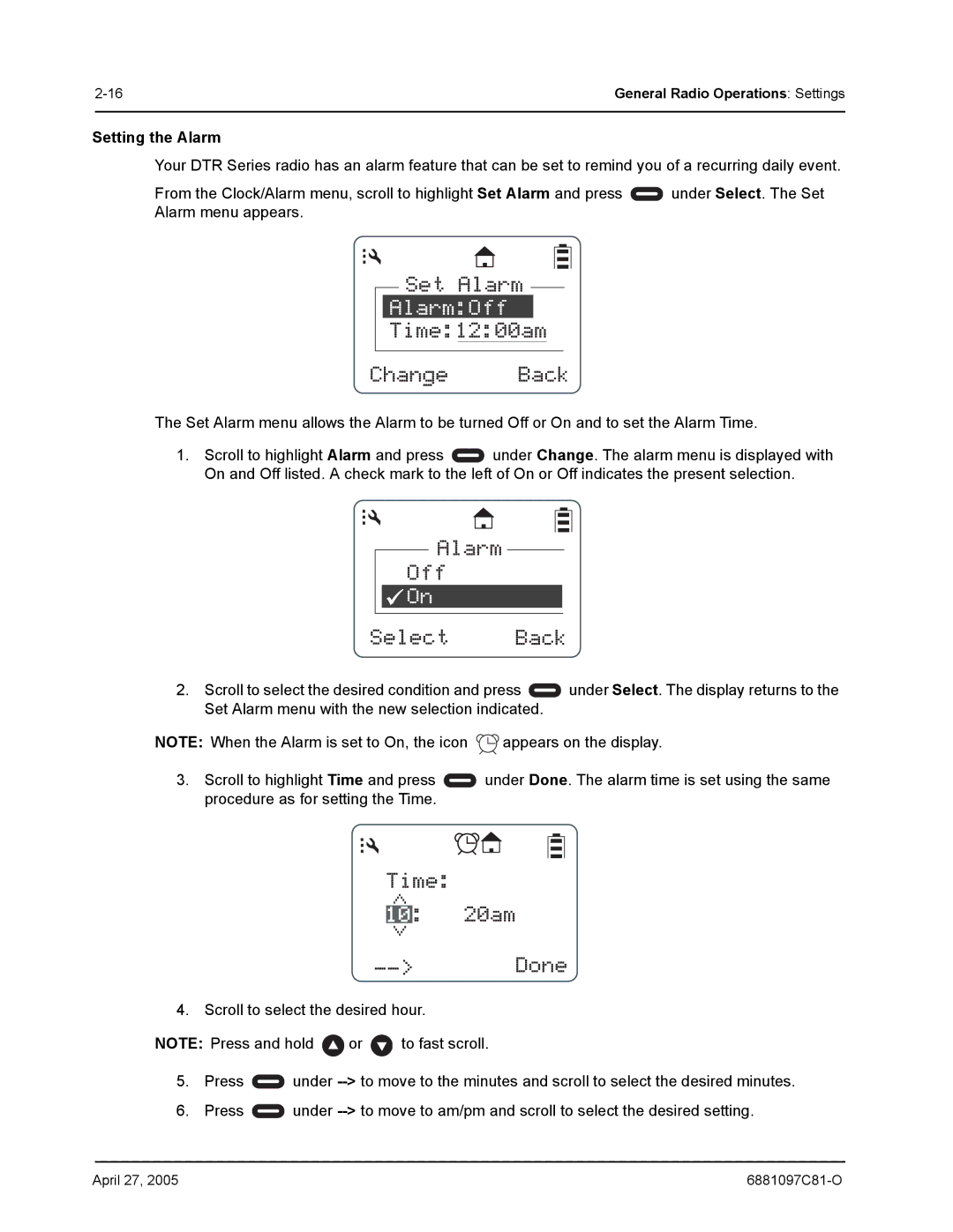 Motorola DTR410, DTR610, DTR510 manual Setting the Alarm 