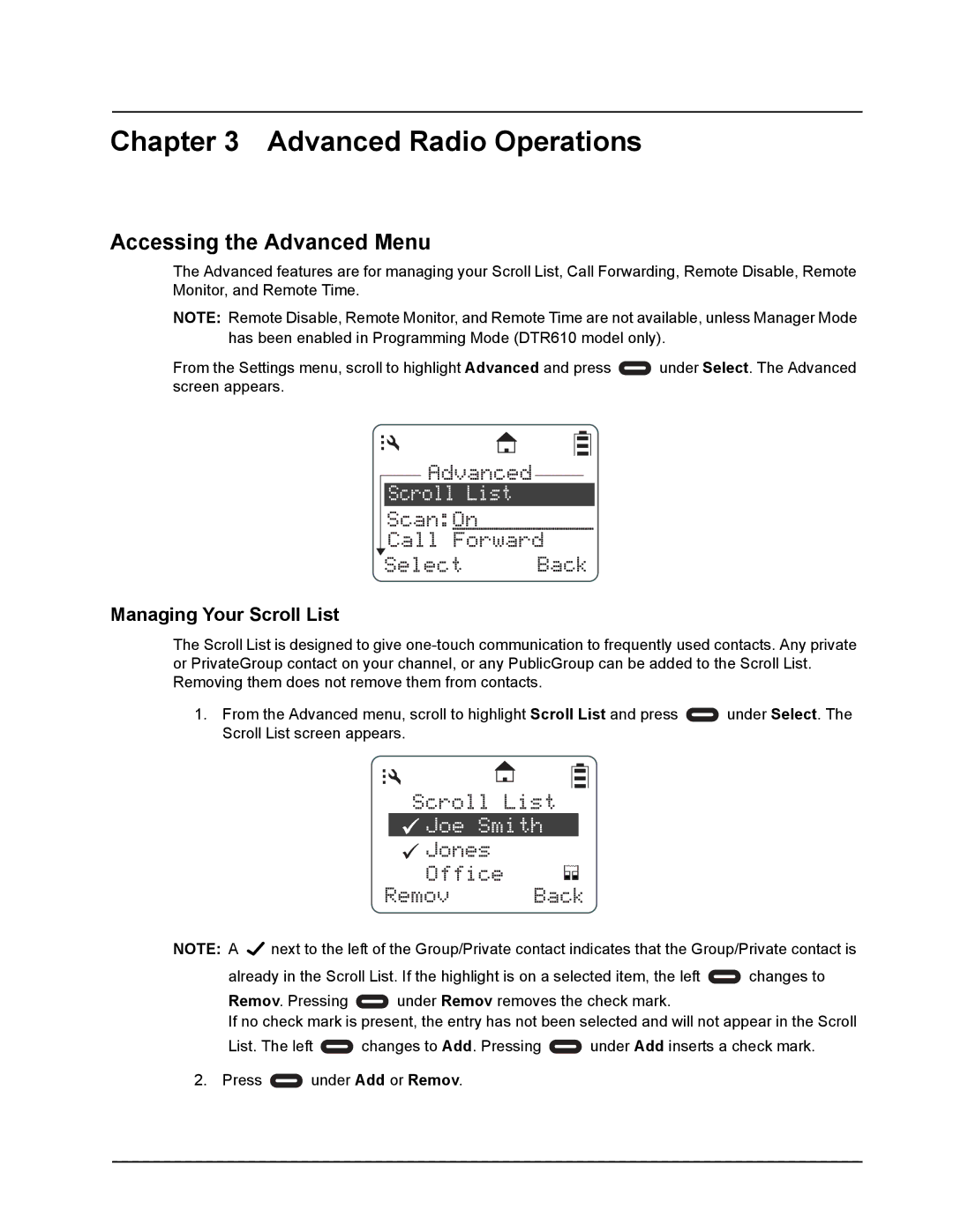 Motorola DTR410, DTR610, DTR510 manual Advanced Radio Operations, Accessing the Advanced Menu, Managing Your Scroll List 