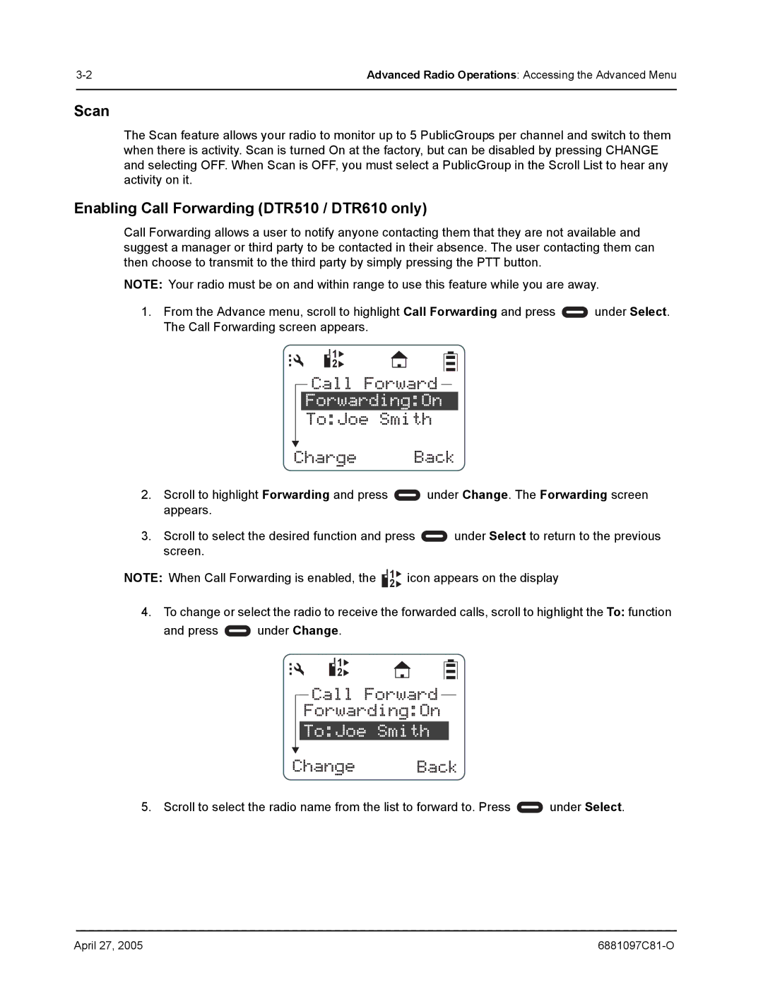 Motorola DTR410 manual Scan, Enabling Call Forwarding DTR510 / DTR610 only 