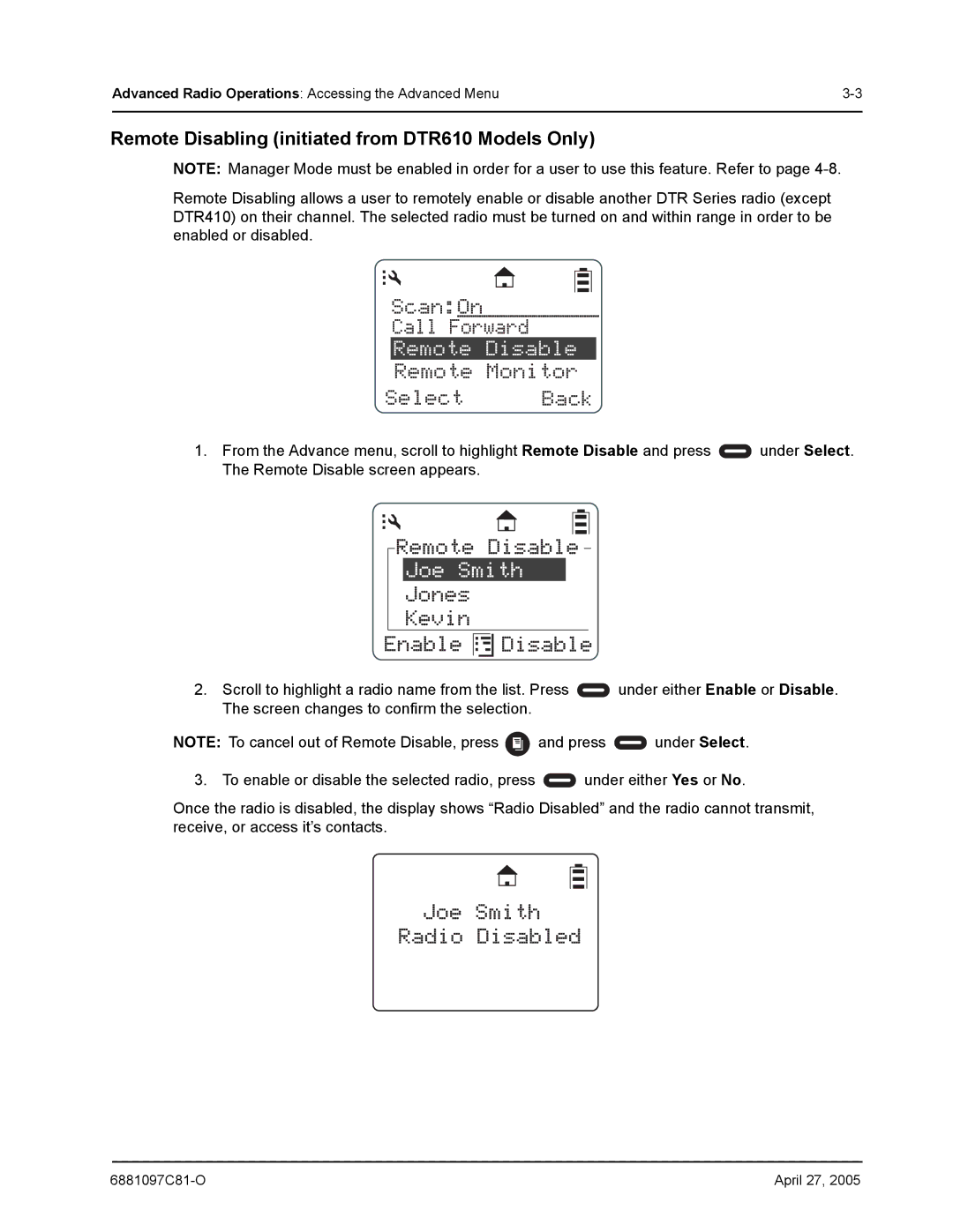 Motorola DTR510, DTR410 manual Remote Disable, Remote Disabling initiated from DTR610 Models Only 