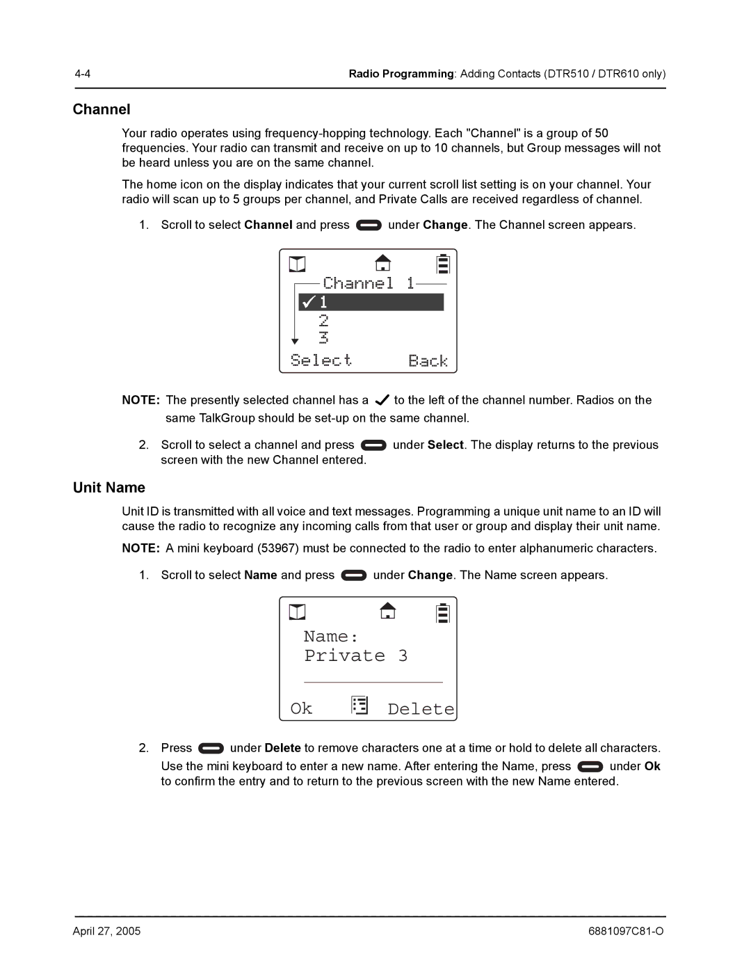 Motorola DTR610, DTR410, DTR510 manual Delete, Channel, Unit Name 