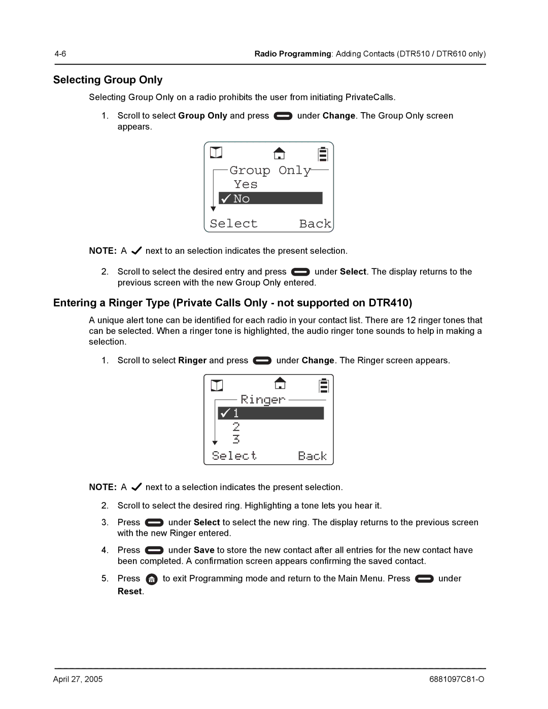Motorola DTR410, DTR610, DTR510 manual Select Back, Selecting Group Only 