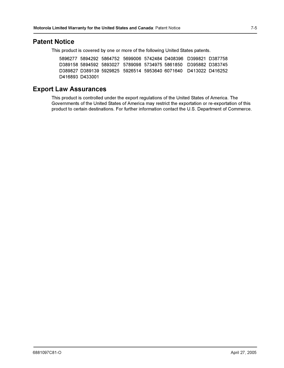 Motorola DTR610, DTR410, DTR510 manual Patent Notice, Export Law Assurances 