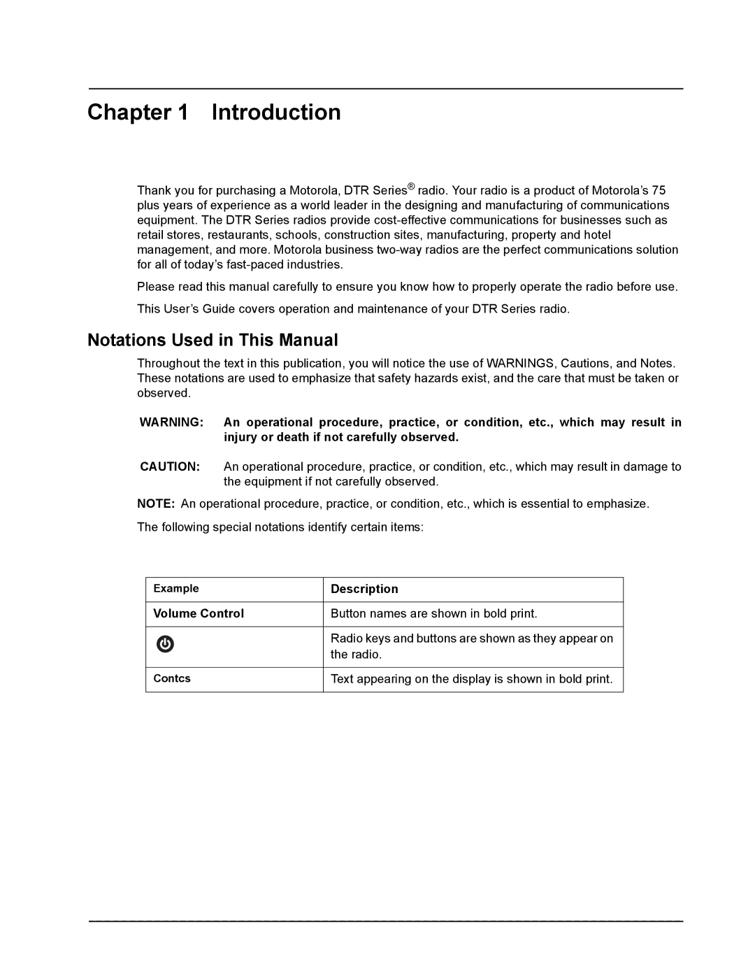 Motorola DTR410, DTR610, DTR510 manual Introduction, Notations Used in This Manual, Description, Volume Control 