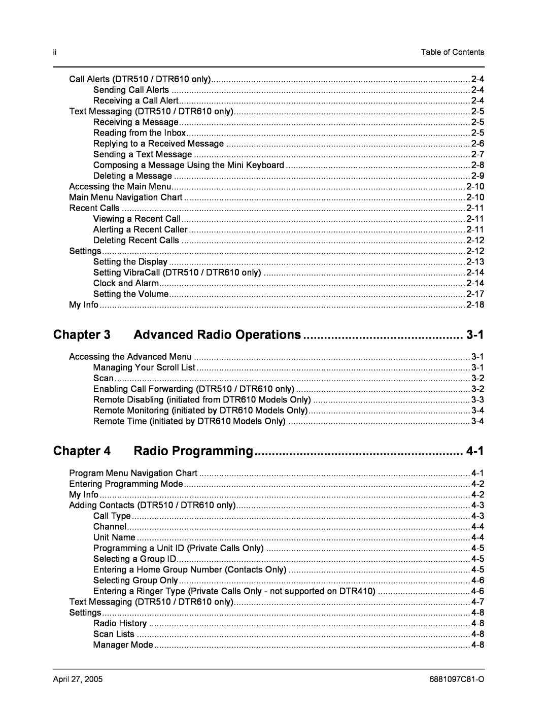 Motorola DTR610, DTR410, DTR510 manual Advanced Radio Operations, Radio Programming, Chapter, Table of Contents, 6881097C81-O 