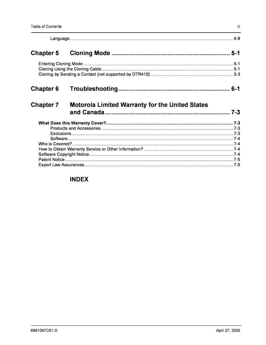 Motorola DTR510 Cloning Mode, Troubleshooting, Motorola Limited Warranty for the United States, and Canada, Index, Chapter 