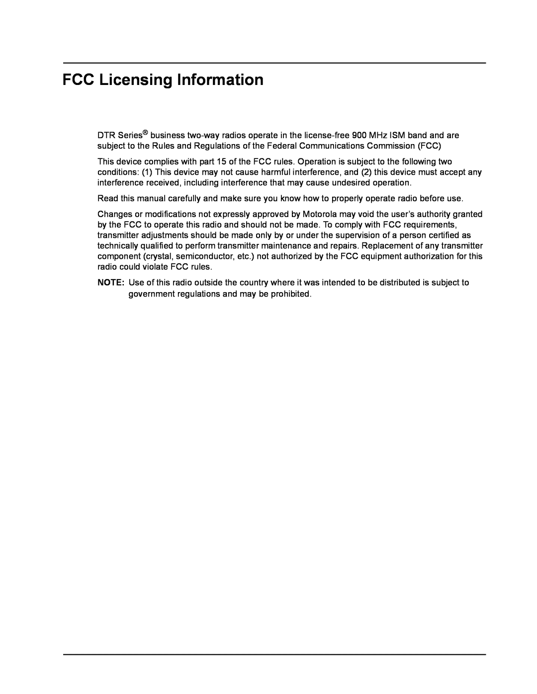 Motorola DTR610, DTR410, DTR510 manual FCC Licensing Information 