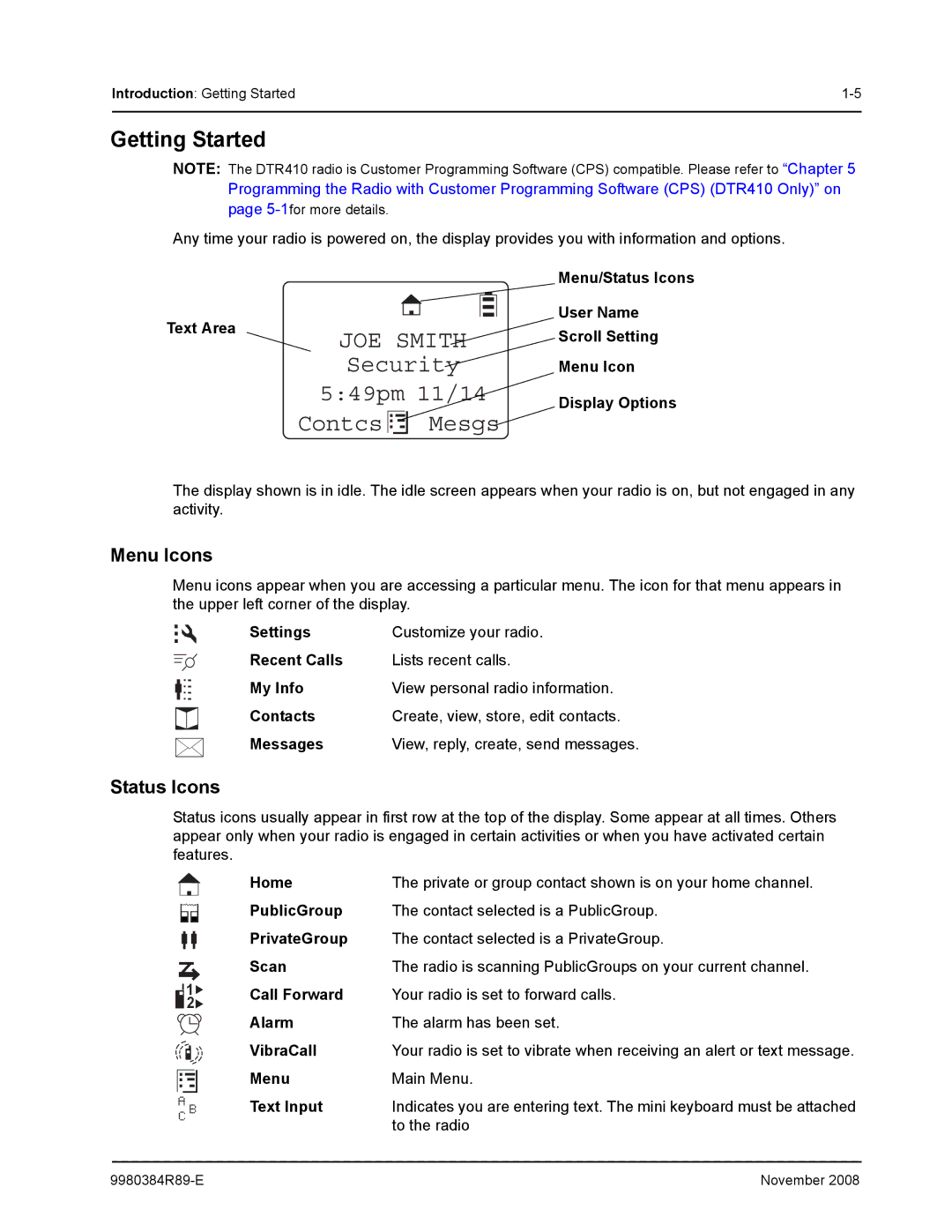 Motorola DTR410 manual JOE Smith Security 549pm 11/14 Contcs Mesgs, Getting Started, Menu Icons, Status Icons, Text Area 