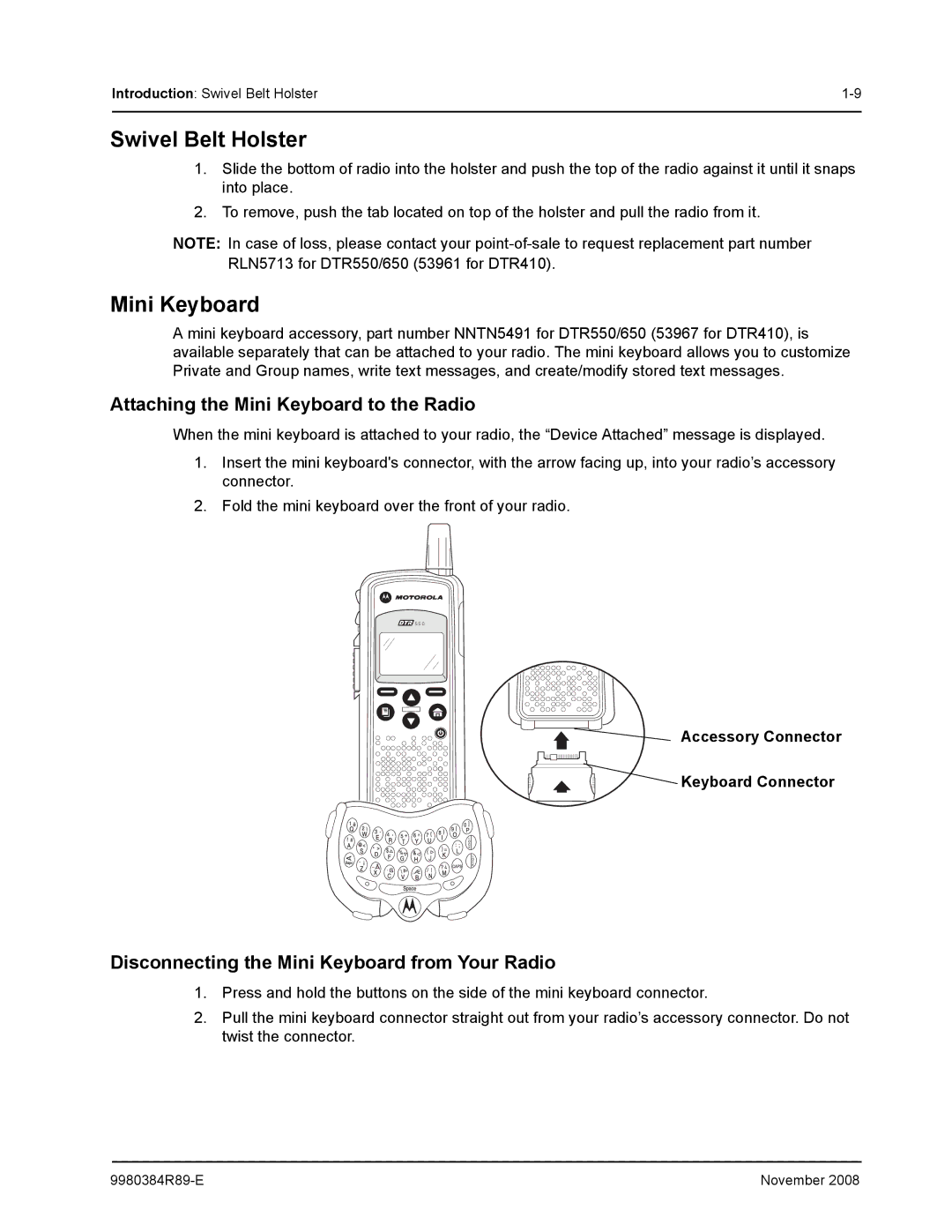 Motorola DTR410 Swivel Belt Holster, Attaching the Mini Keyboard to the Radio, Accessory Connector Keyboard Connector 