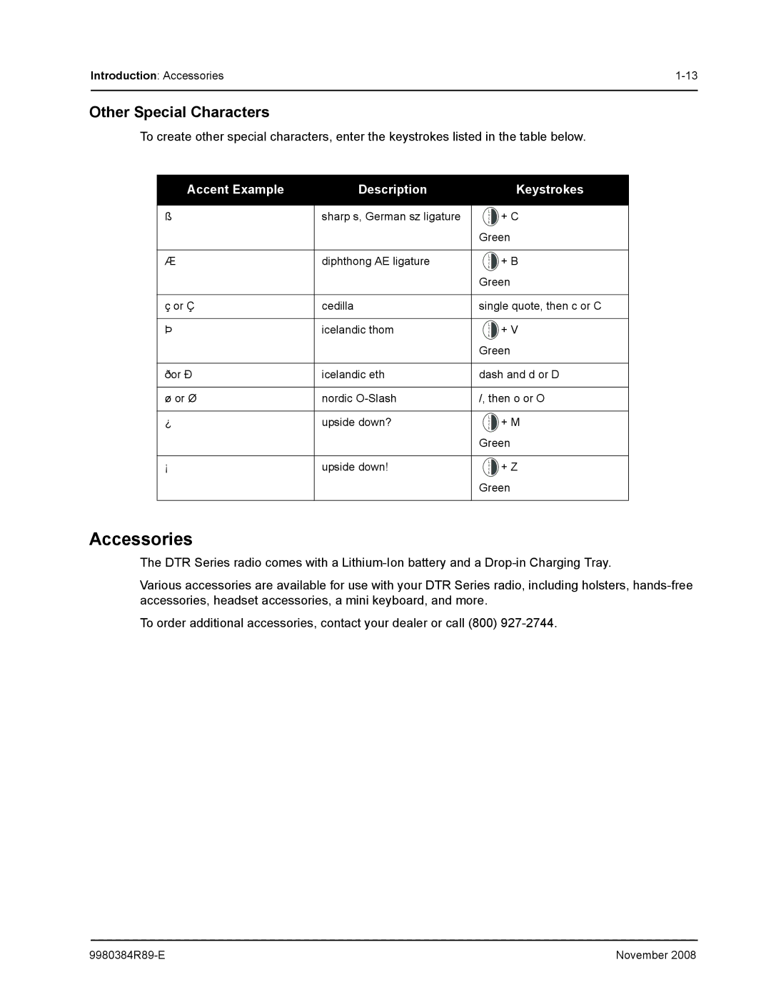 Motorola DTR410 manual Accessories, Other Special Characters 