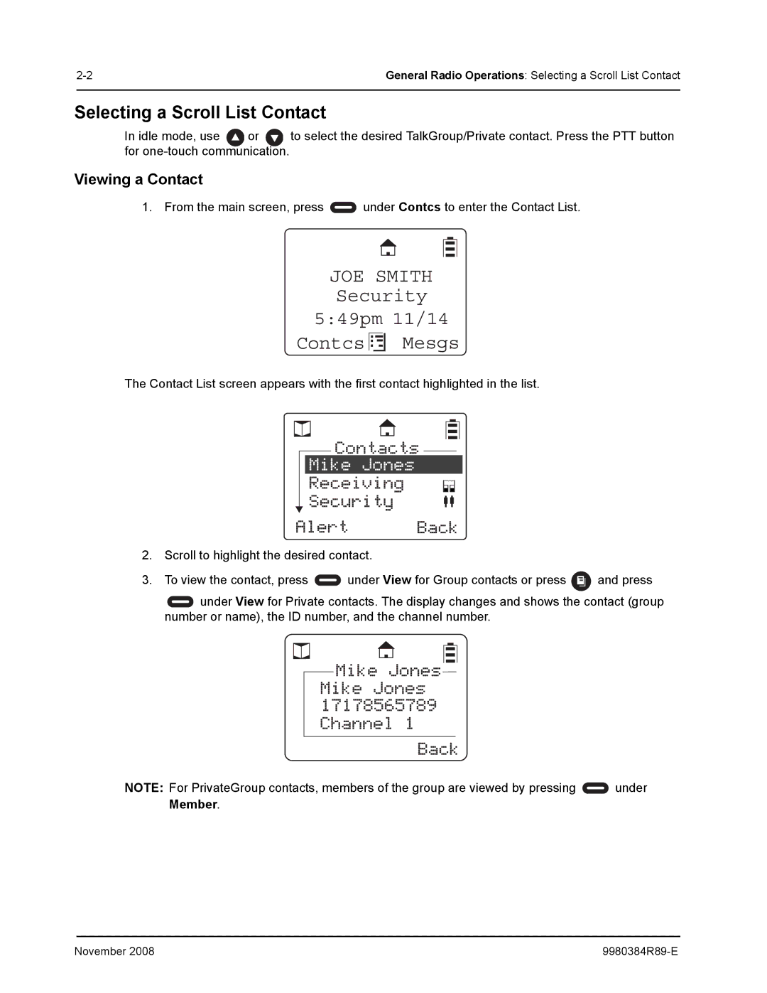 Motorola DTR410 manual Security 549pm 11/14 Contcs Mesgs, Selecting a Scroll List Contact, Viewing a Contact 