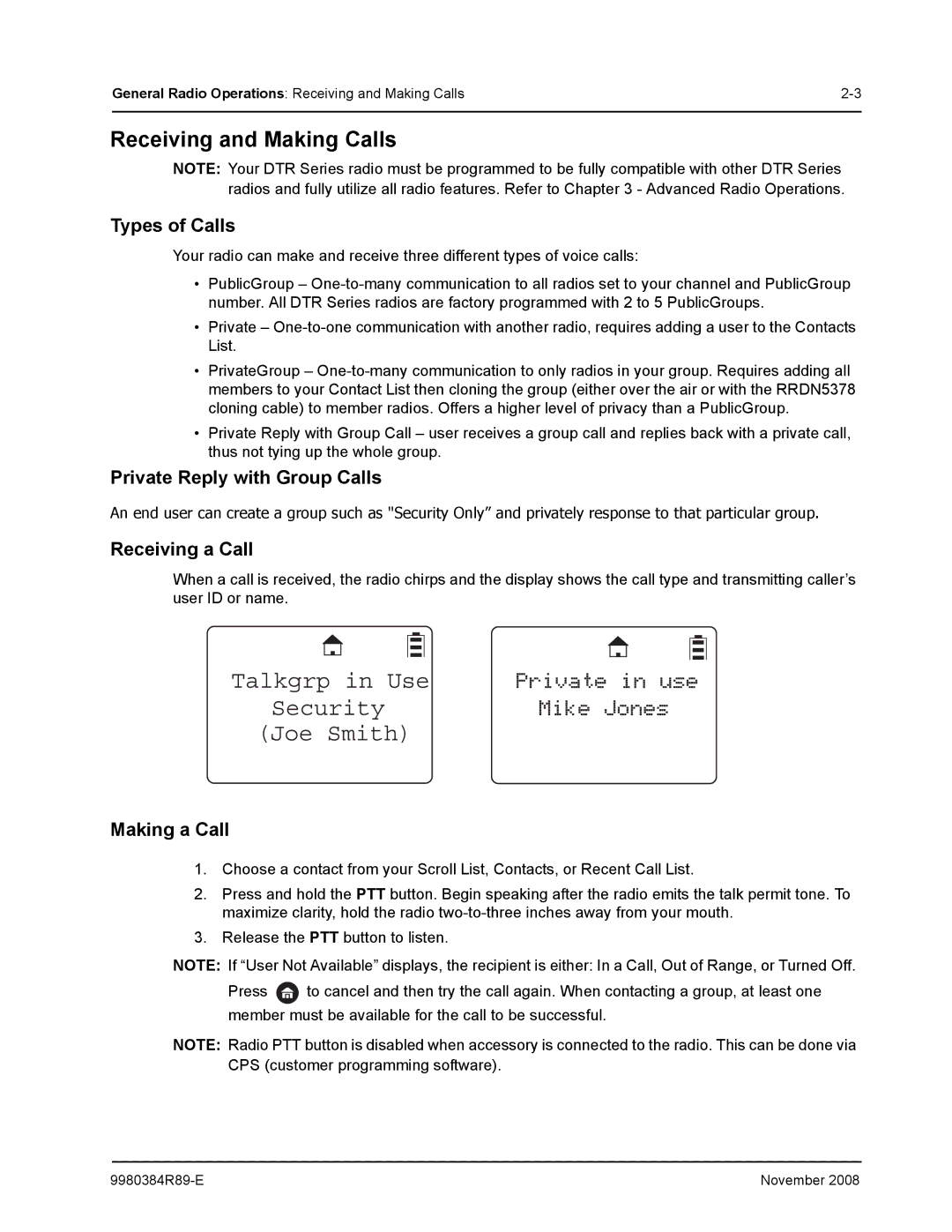 Motorola DTR410 manual Security Talkgrp in Use Joe Smith, Receiving and Making Calls 