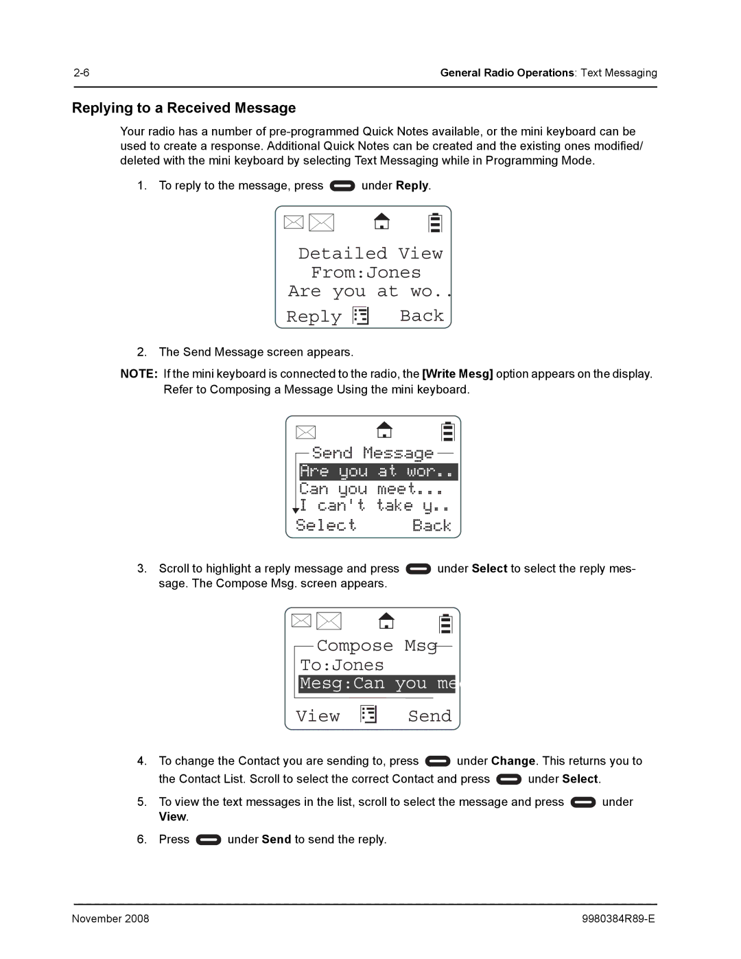 Motorola DTR410 manual Detailed View FromJones Are you at wo Reply Back, Compose Msg ToJones, View Send 