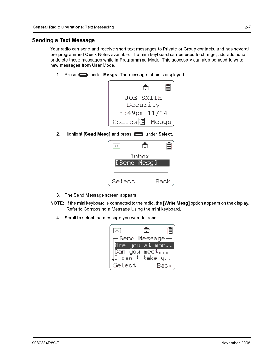 Motorola DTR410 manual Security 549pm 11/14 Contcs Mesgs, Sending a Text Message 