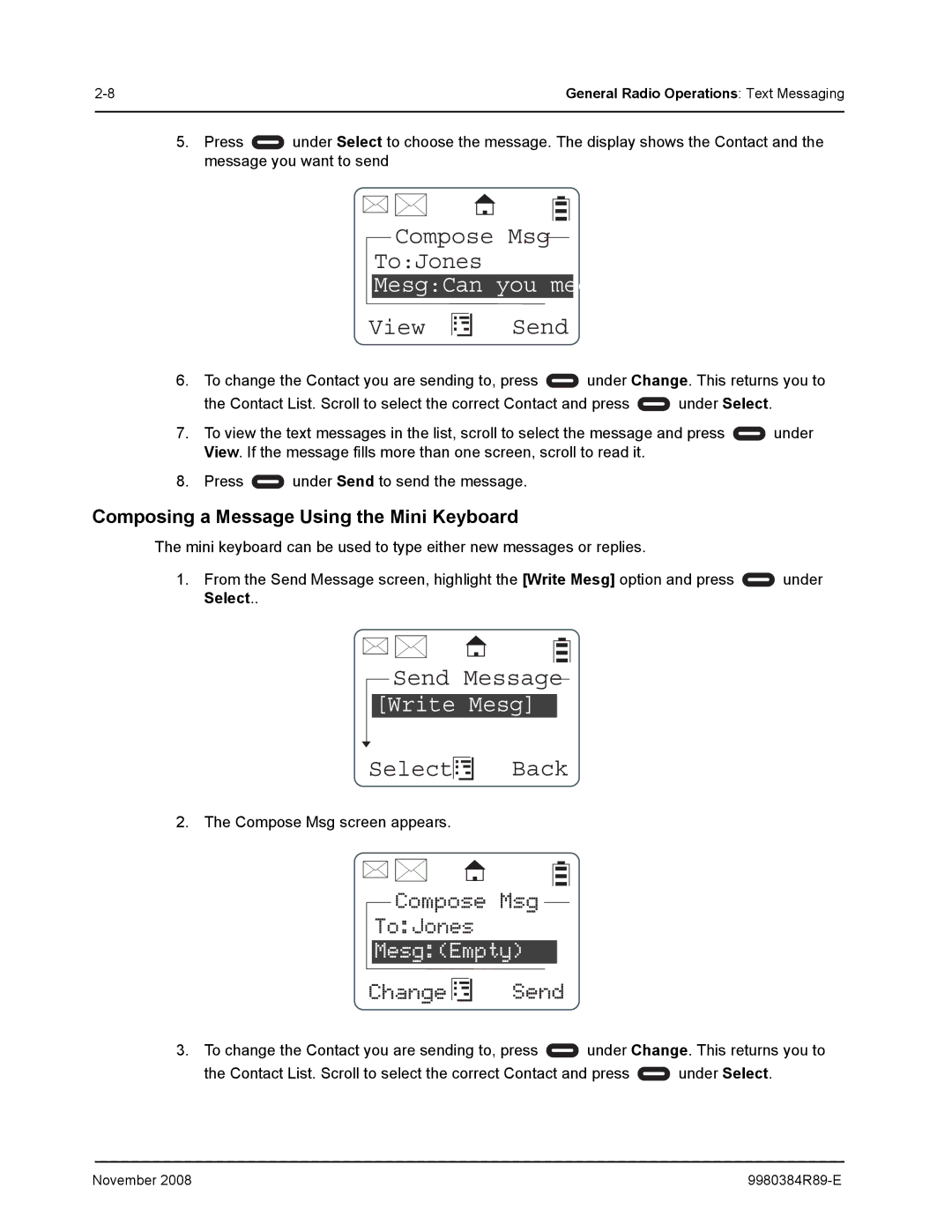 Motorola DTR410 manual Send Message, Select Back, Composing a Message Using the Mini Keyboard 