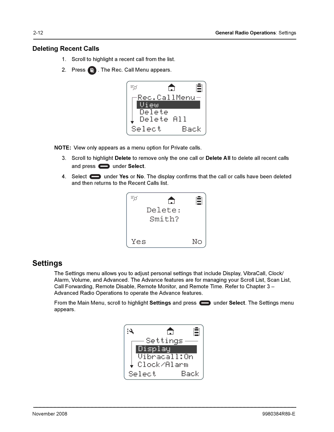 Motorola DTR410 manual Delete Smith? Yes No, Settings, Deleting Recent Calls 