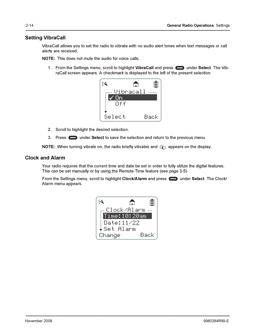 Motorola DTR410 manual Setting VibraCall, Clock and Alarm 