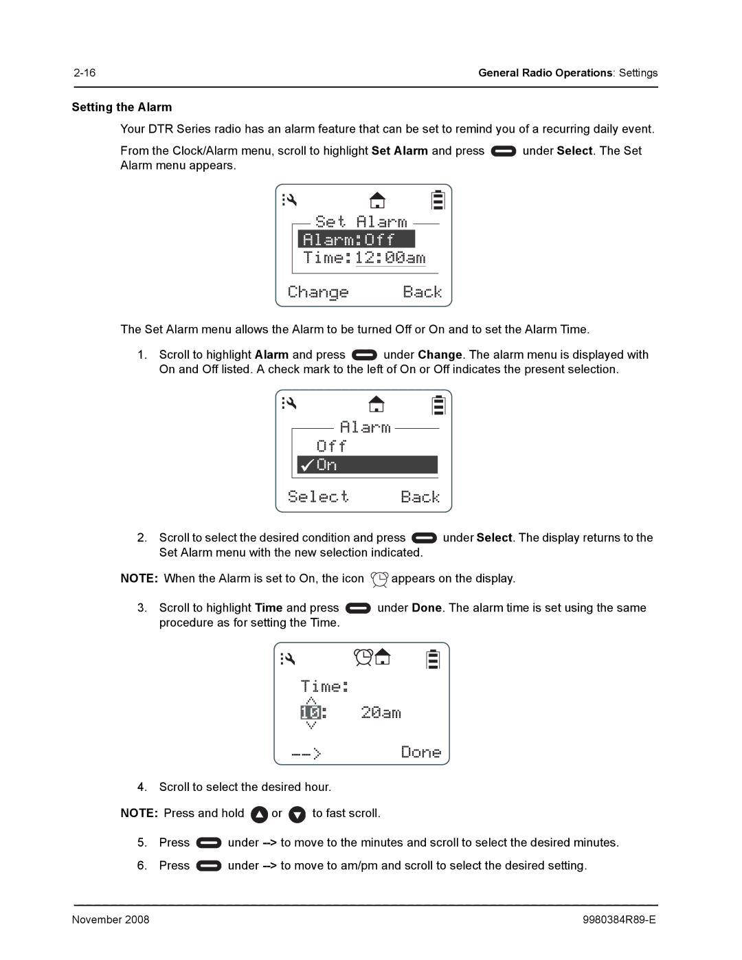 Motorola DTR410 manual Setting the Alarm 