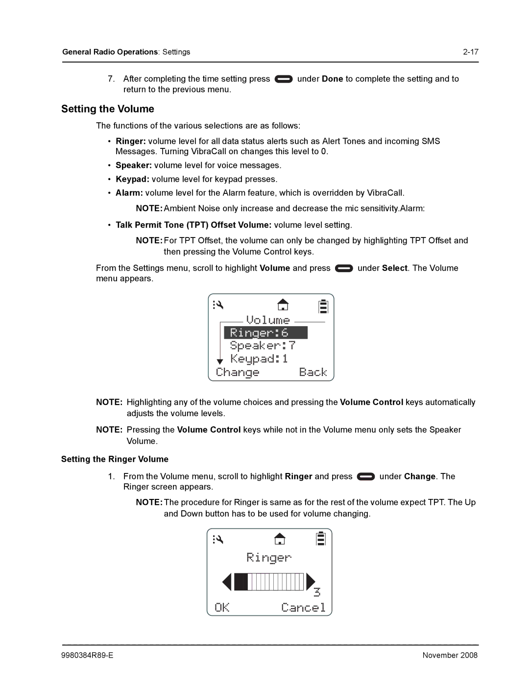 Motorola DTR410 Setting the Volume, Talk Permit Tone TPT Offset Volume volume level setting, Setting the Ringer Volume 