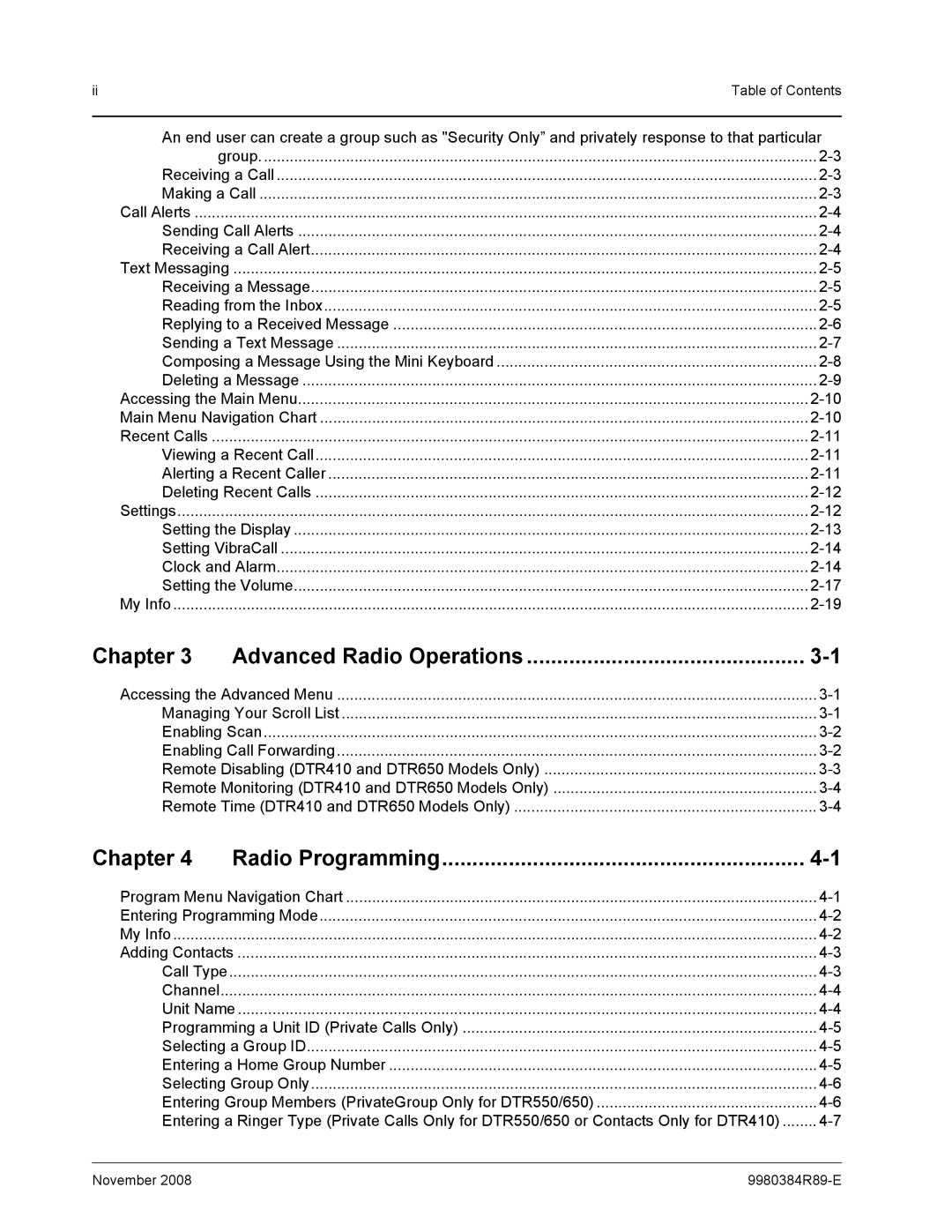 Motorola DTR410 manual Chapter Advanced Radio Operations, Chapter Radio Programming 