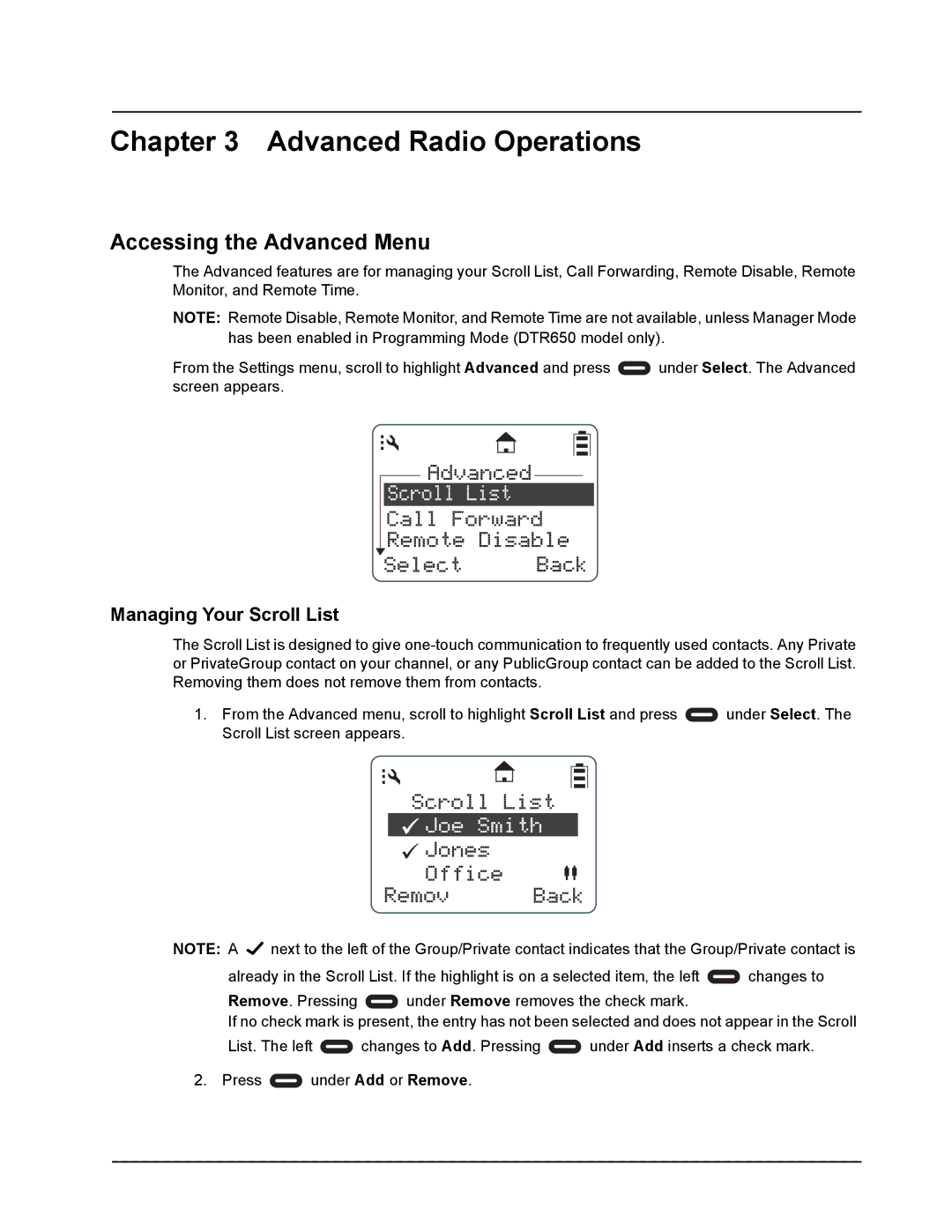 Motorola DTR410 manual Advanced Radio Operations, Accessing the Advanced Menu, Managing Your Scroll List 