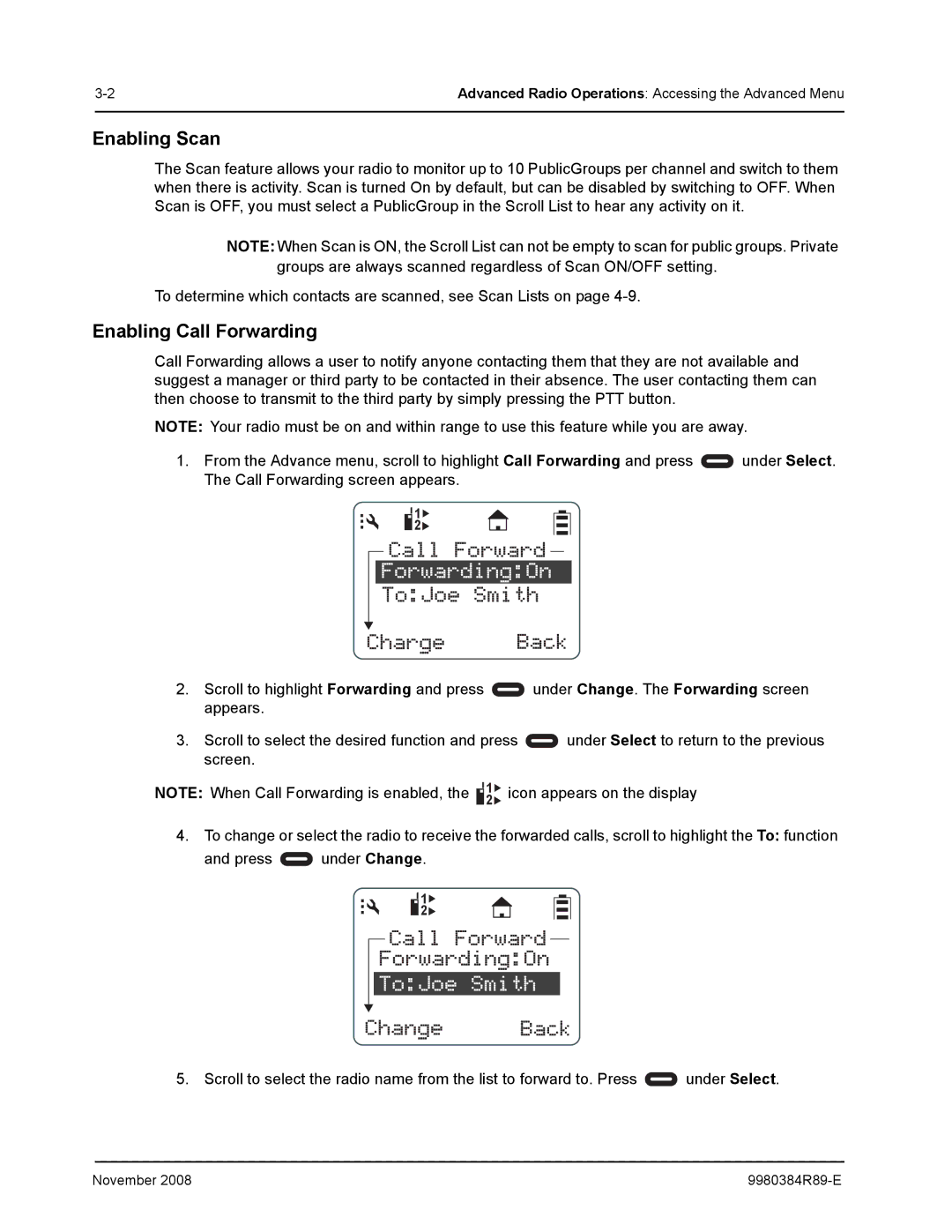 Motorola DTR410 manual Enabling Scan, Enabling Call Forwarding 