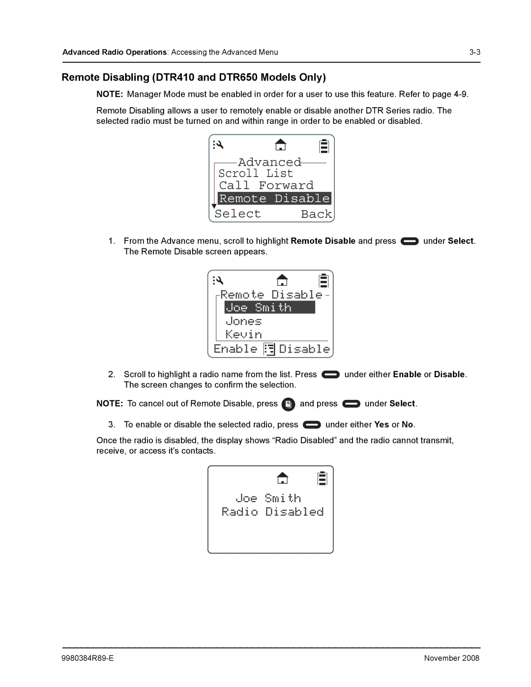 Motorola manual Advanced Scroll List Call Forward, Remote Disabling DTR410 and DTR650 Models Only 