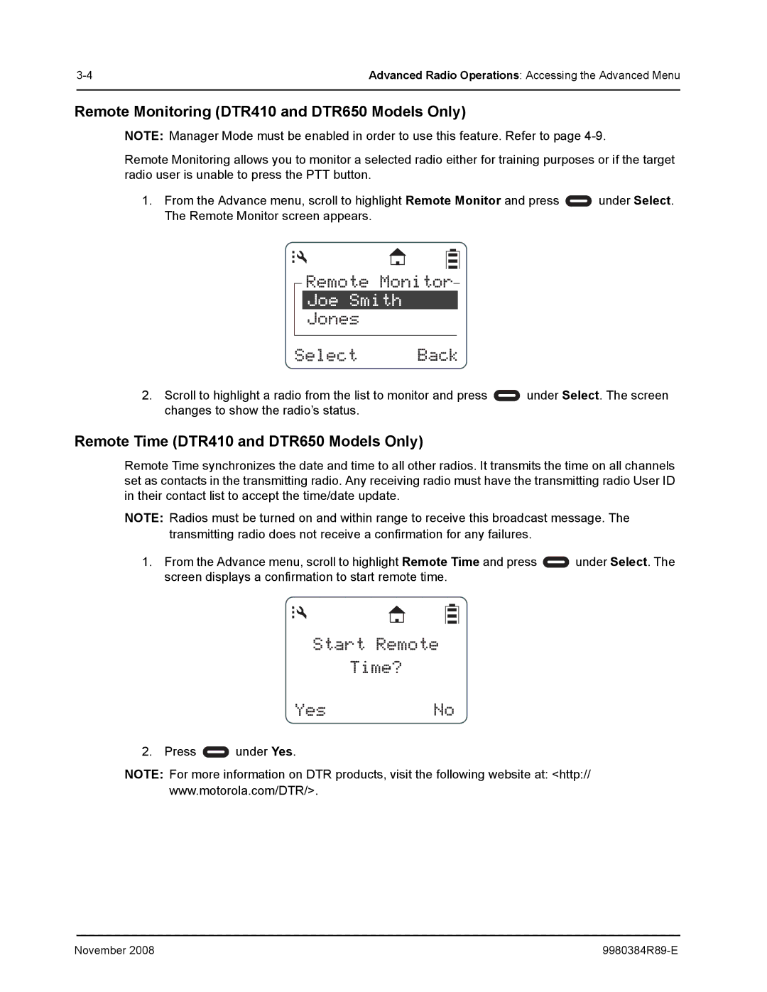 Motorola manual Remote Monitoring DTR410 and DTR650 Models Only, Remote Time DTR410 and DTR650 Models Only 