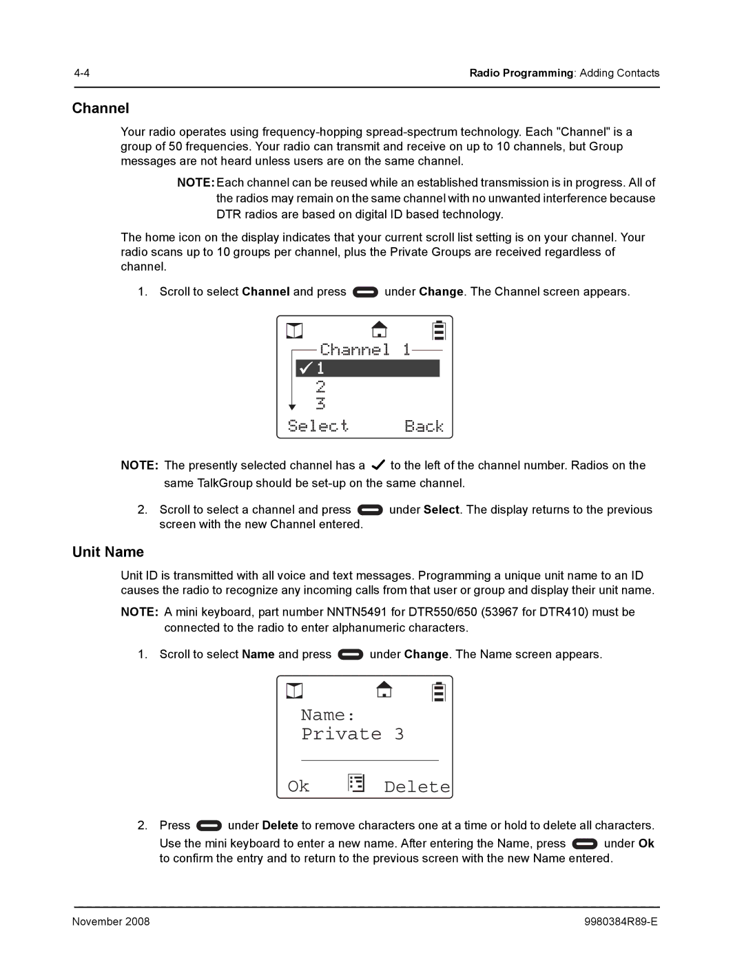 Motorola DTR410 manual Delete, Channel, Unit Name 