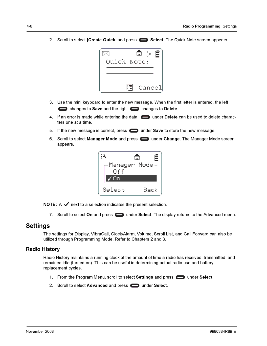 Motorola DTR410 manual Quick Note Cancel, Radio History 