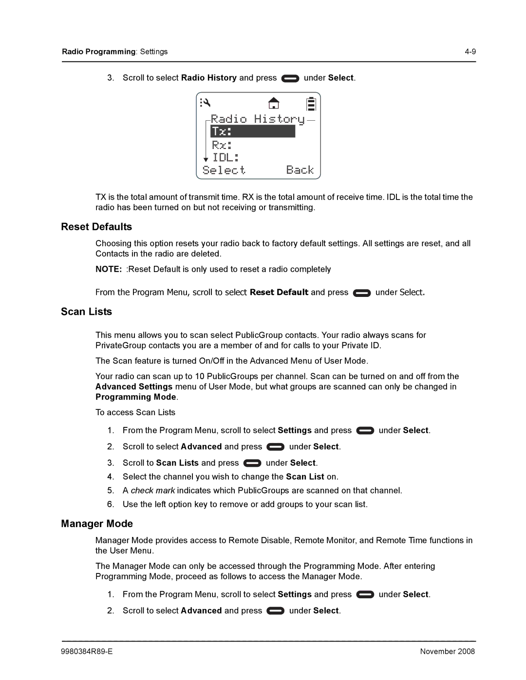 Motorola DTR410 manual Reset Defaults, Scan Lists, Manager Mode 