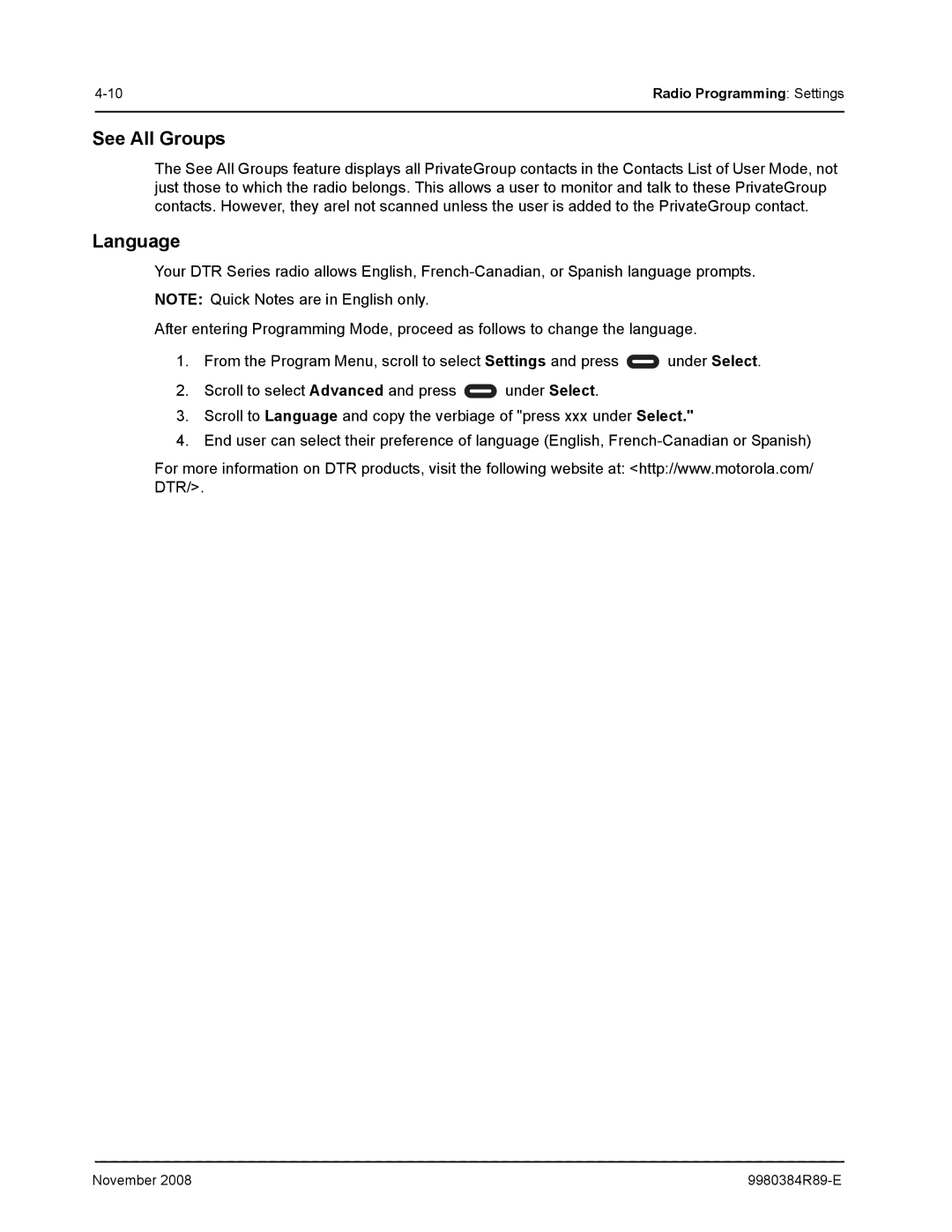 Motorola DTR410 manual See All Groups, Language 