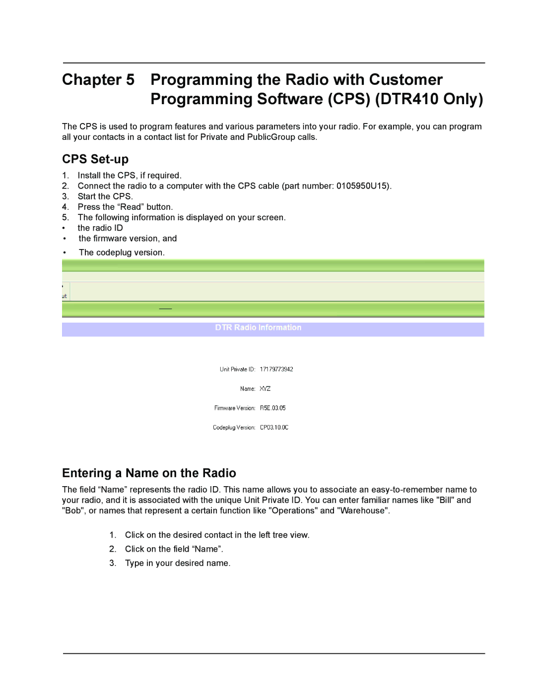 Motorola DTR410 manual CPS Set-up, Entering a Name on the Radio 