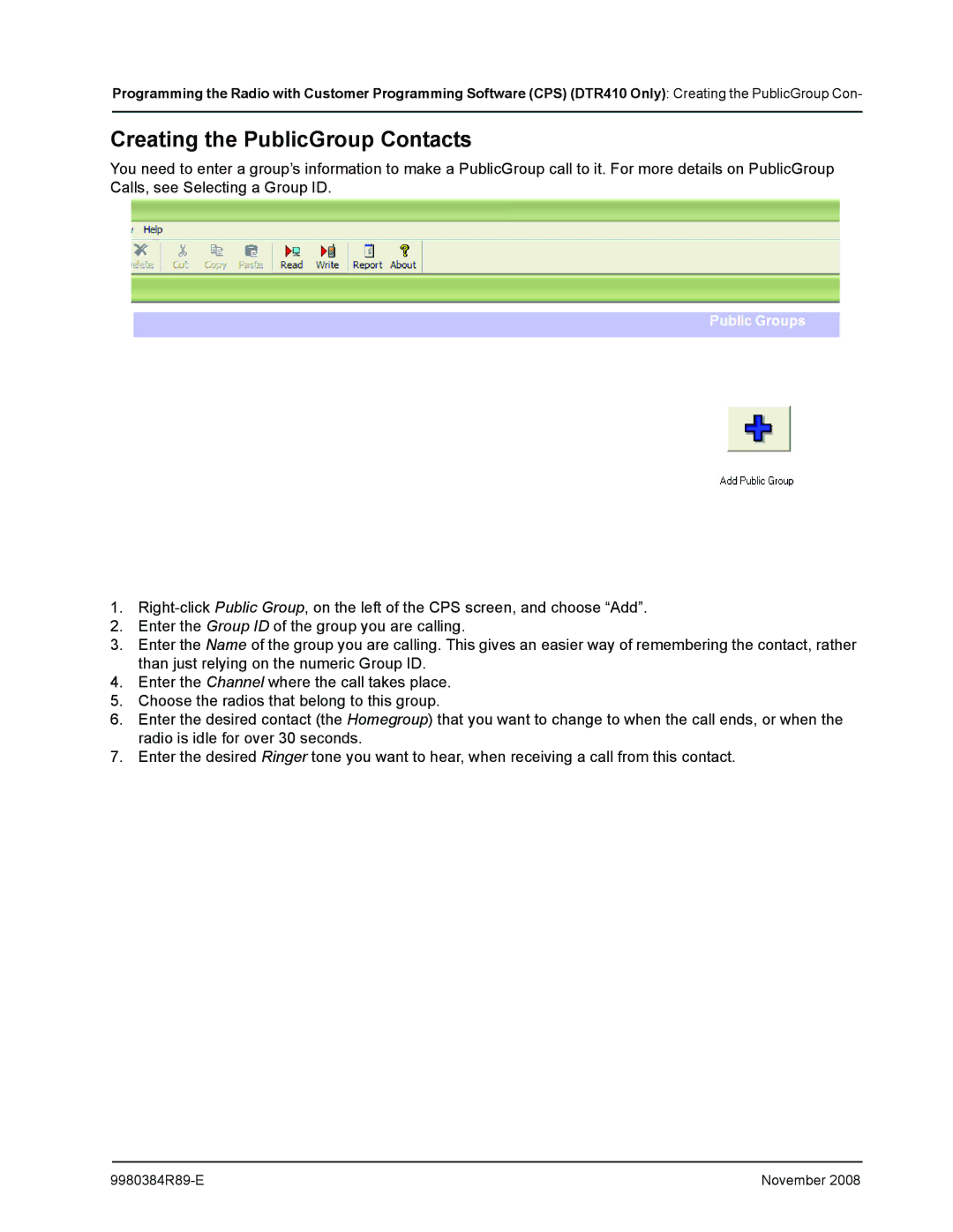 Motorola DTR410 manual Creating the PublicGroup Contacts 