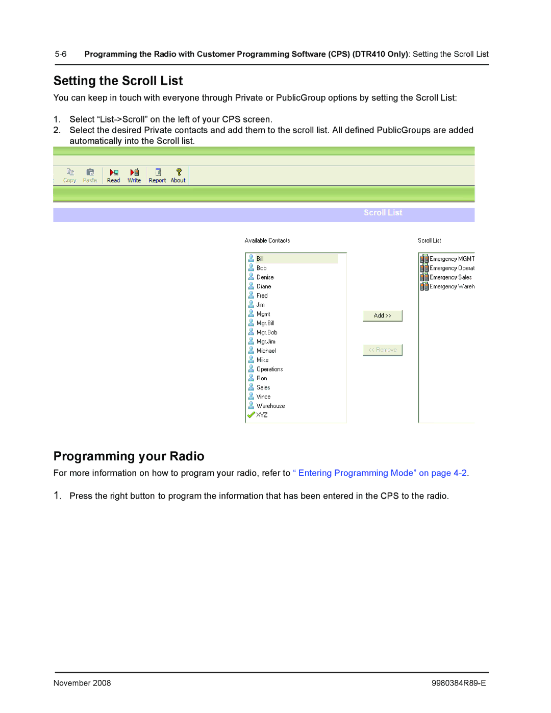 Motorola DTR410 manual Setting the Scroll List, Programming your Radio 