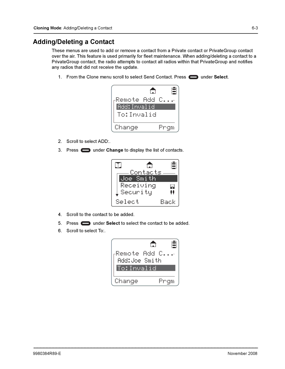 Motorola DTR410 manual AddInvalid, Adding/Deleting a Contact 